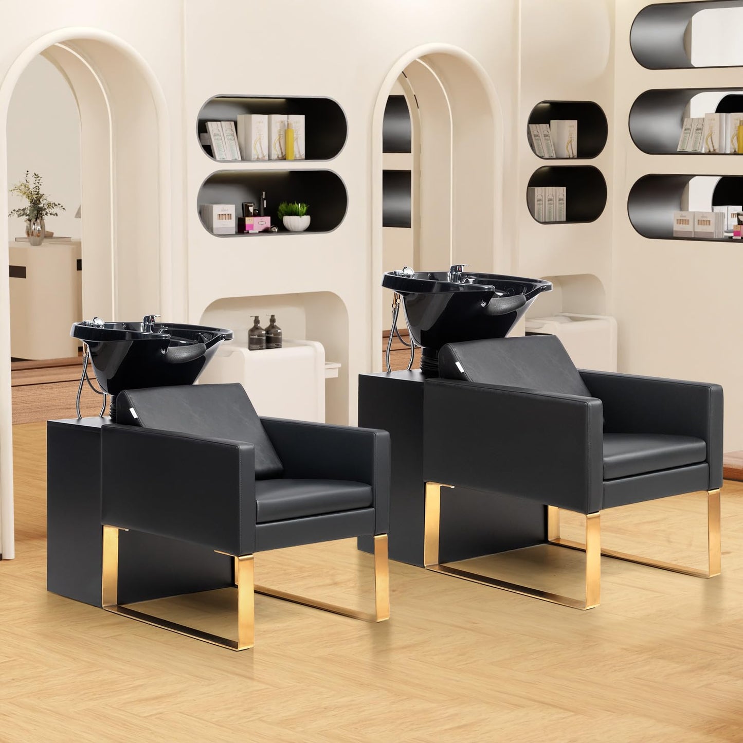 Gray OmySalon Shampoo Chairs for Salon, Stainless Steel Frame & UPC Certified Shampoo Bowl, Hair Washing Station, Backwash Unit for Beauty Spa Barbershop, Black and Gold