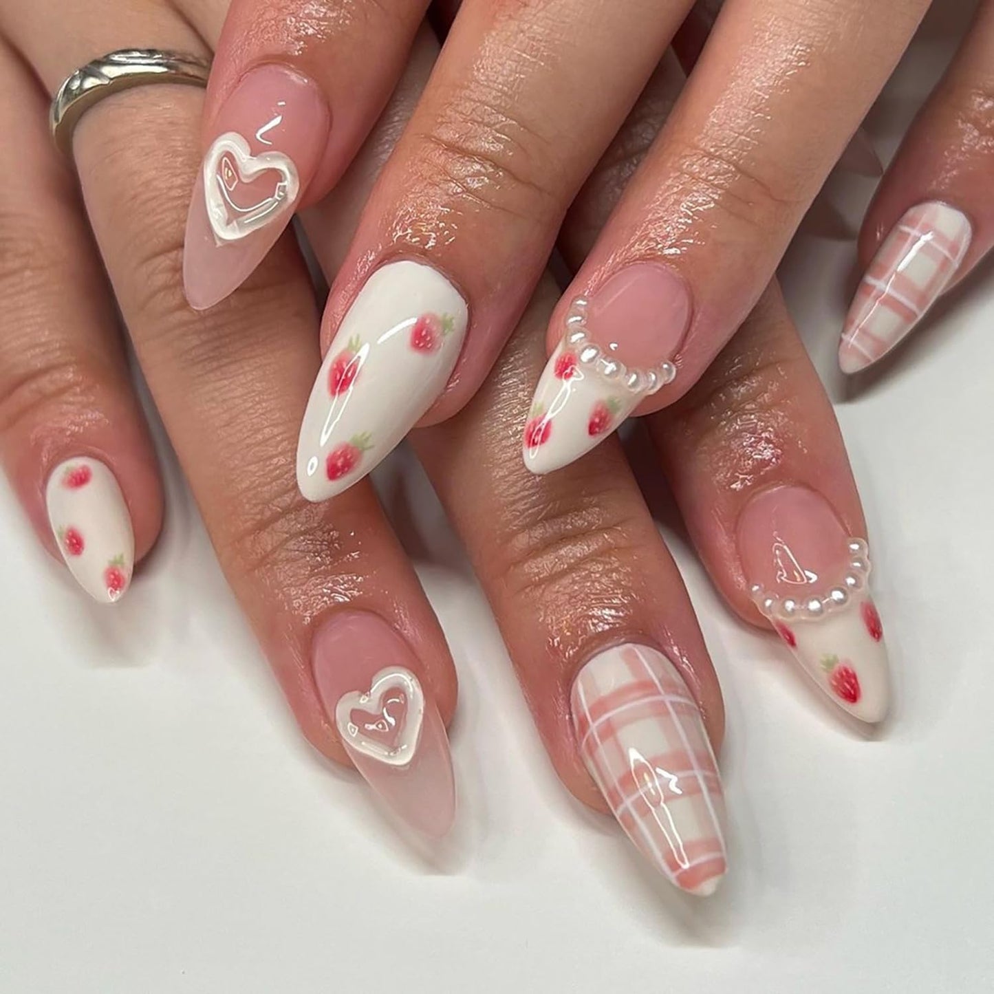 Light Gray Press On Alcove - Cute Strawberry 3D Love Heart & Pearl Design False Nails: Medium Almond, Artificial Acrylic, Full Coverage, Reusable Coffin, Glue On Nails for Women
