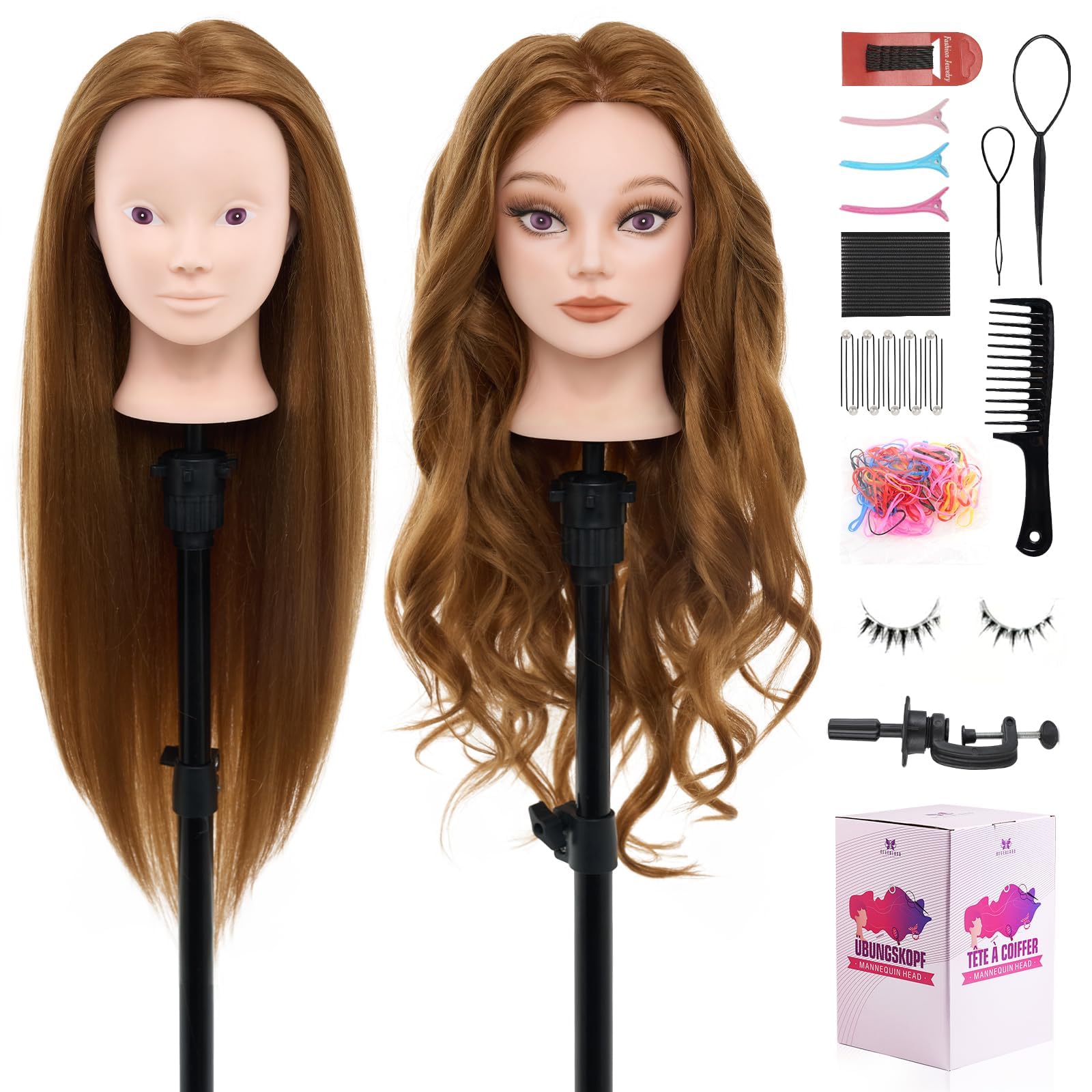 White Smoke Mannequin Head 80% Human Hair - 28" Makeup Manikin Doll Head for Hair Styling, Hairdressing Training Practice Braiding for Cosmetology Students, Professionals & Practice Exams