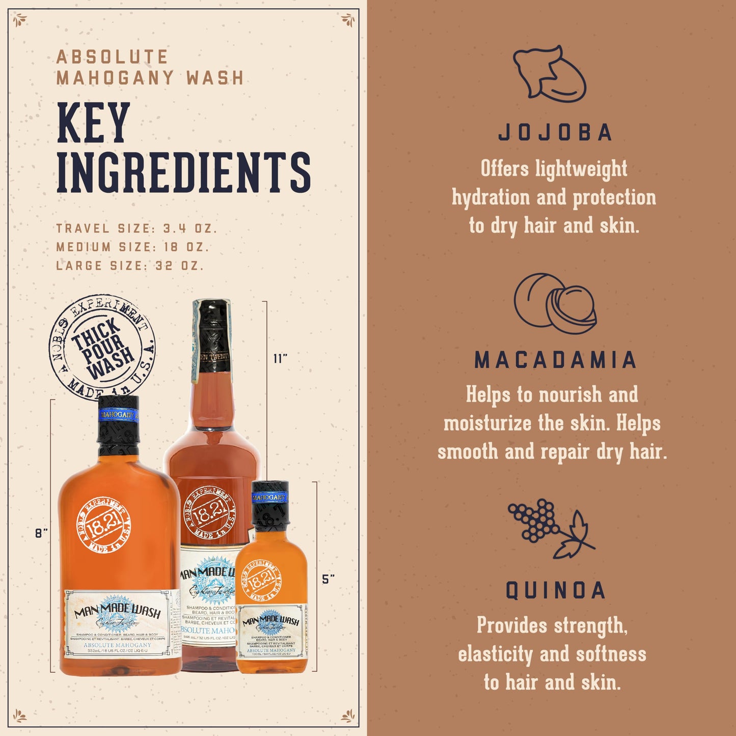 Rosy Brown 18.21 Man Made Original Absolute Mahogany 3-in-1 Body Wash, Shampoo, & Conditioner for Men, All Hair & Skin Types, Strengthens and Moisturizes in a Manly Aroma, 18oz