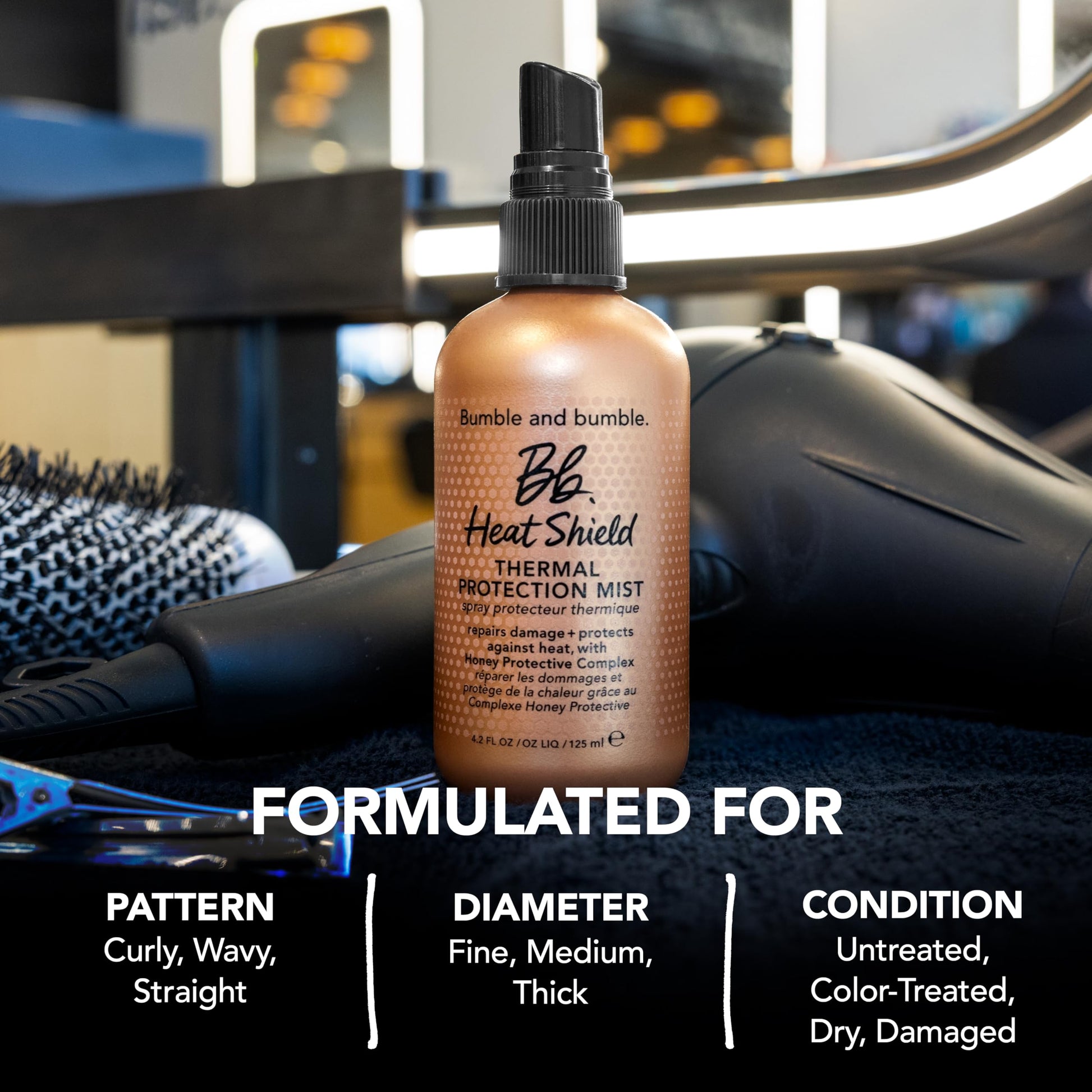 Black Bumble and bumble. Heat Shield Thermal Protection Hair Mist | Frizz Control, Damage Repair, Heat Protection, Prevents Breakage, Color Safe | For Curly, Wavy, Straight Hair | Mini Travel Size, 2 Fl Oz