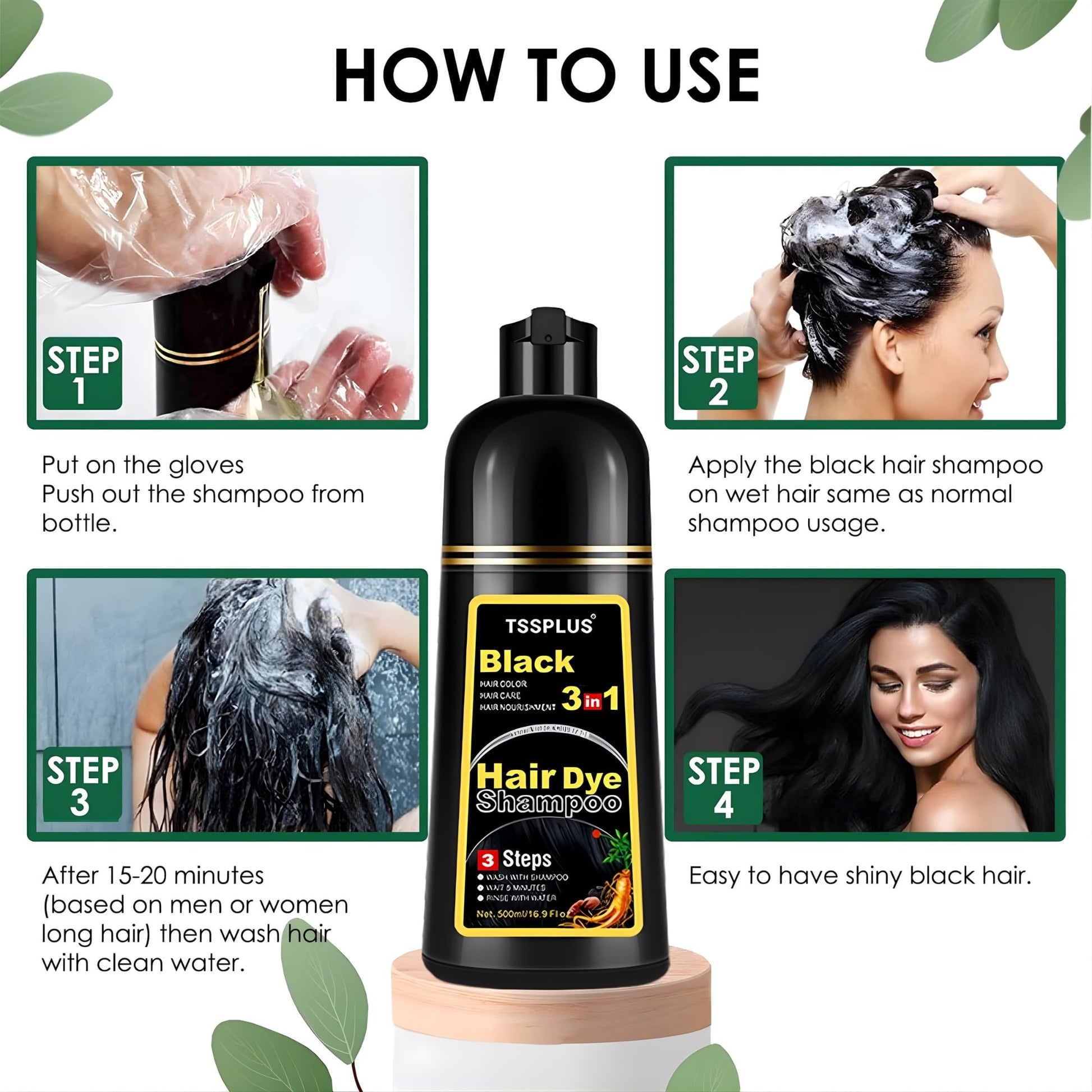 White Smoke TSSPLUS Black Hair Dye Shampoo, 500ml - Organic Natural Hair Color Dye Shampoo for Women & Men, Instant Gray White Hair Cover, Plant Essence, Semi-Permanent