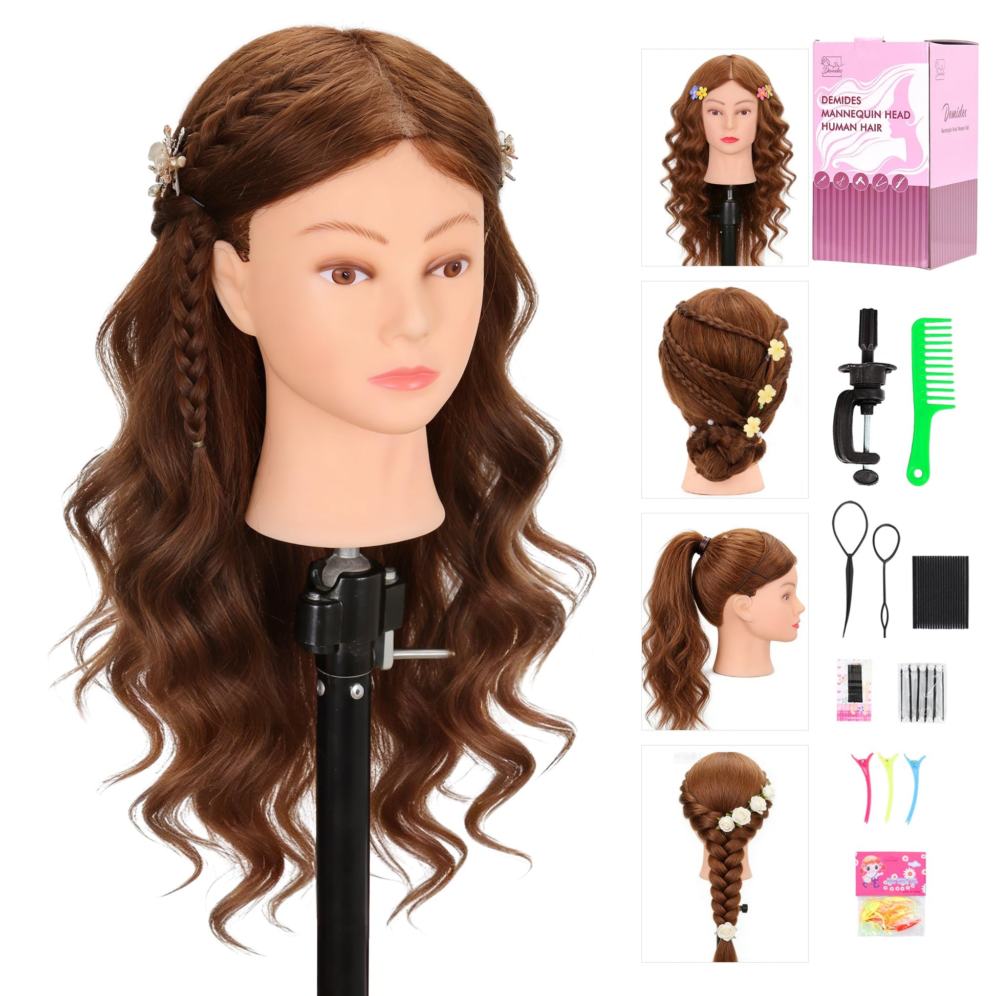 White Smoke Mannequin Head with 100% Real Human Hair 22"-24", Cosmetology Mannequin Head for Hairdresser Practice Braiding, Styling, Cutting and Hair Training（Dark Brown）