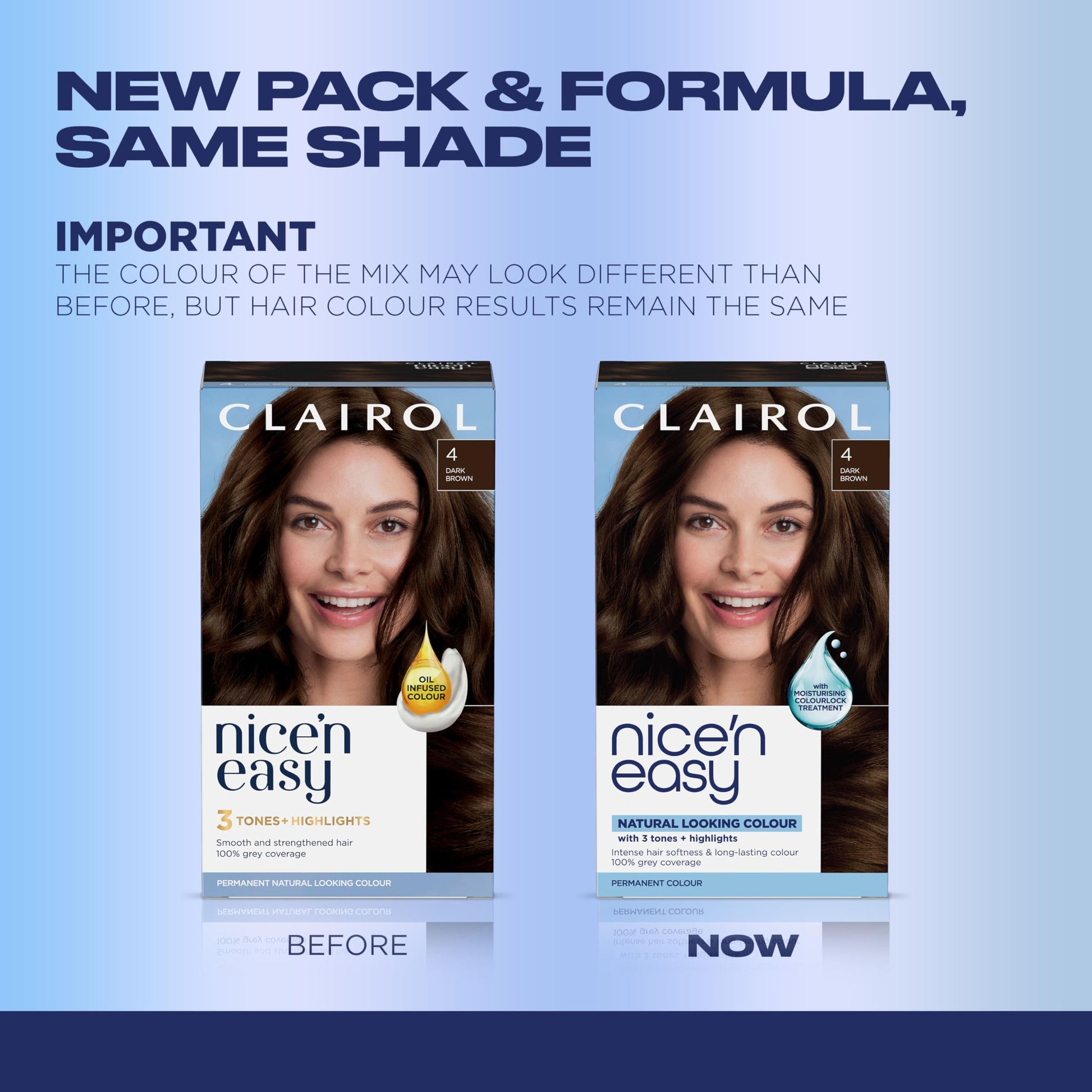 Powder Blue Clairol Nice'n Easy Permanent Hair Dye, 4 Dark Brown Hair Color, Pack of 3