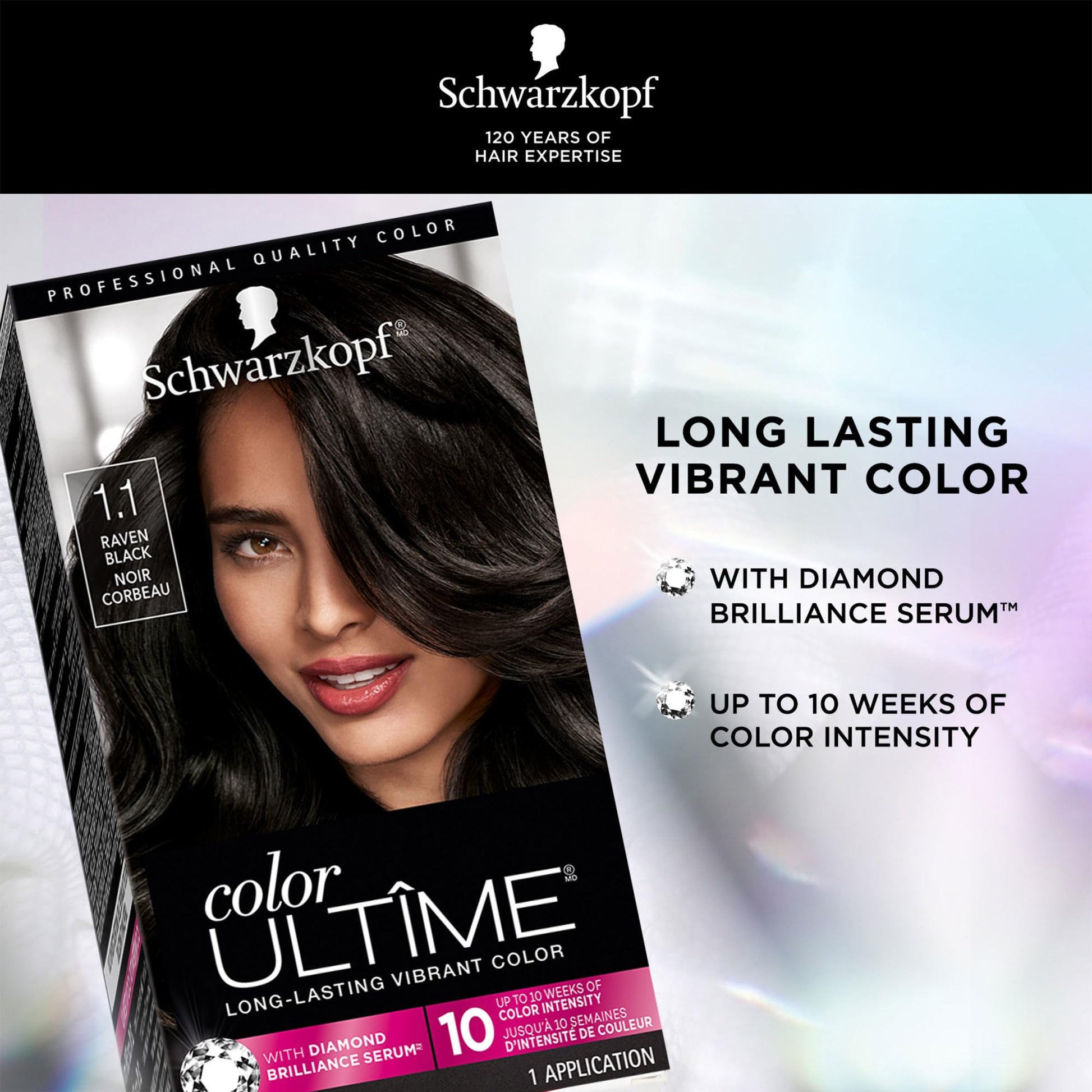 Black Schwarzkopf Color Ultime 1.1 Raven Black Hair Dye, Permanent Intense Black with Diamond Brilliance, Fade-Resistant, Covers Grays, All Hair Textures