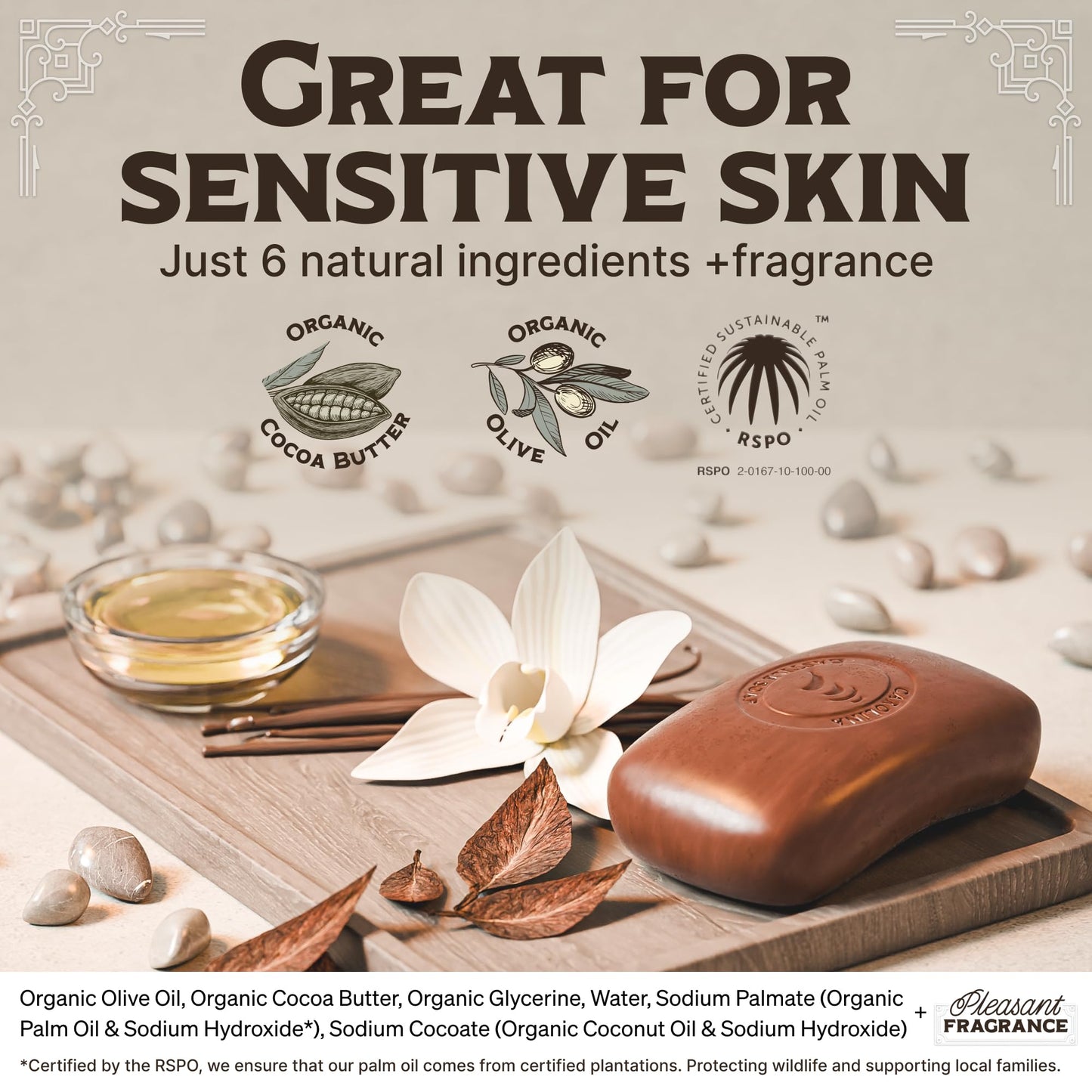 Gray Body Wash Castile Soap Bar for Sensitive Skin – Long Lasting Natural Bar Soap for Men w/Olive Oil and Cocoa Butter - Vegan Tobacco Vanilla Scented by Carolina Castile, 5 oz Each