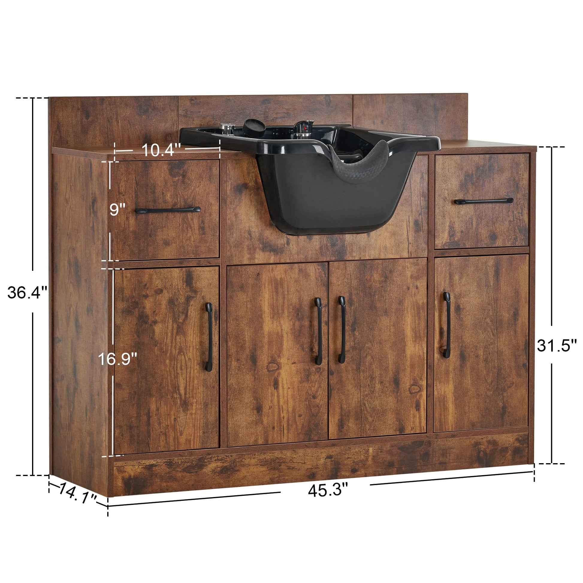 White Smoke BarberPub Multi-Functional Shampoo Backwash Sink Station, Beauty Salon Cabinet with Faucet Sprayer, Barber Shop Storage Equipment 45.3" x 14.1'' x 36.4" 7139 (Rust Brown)