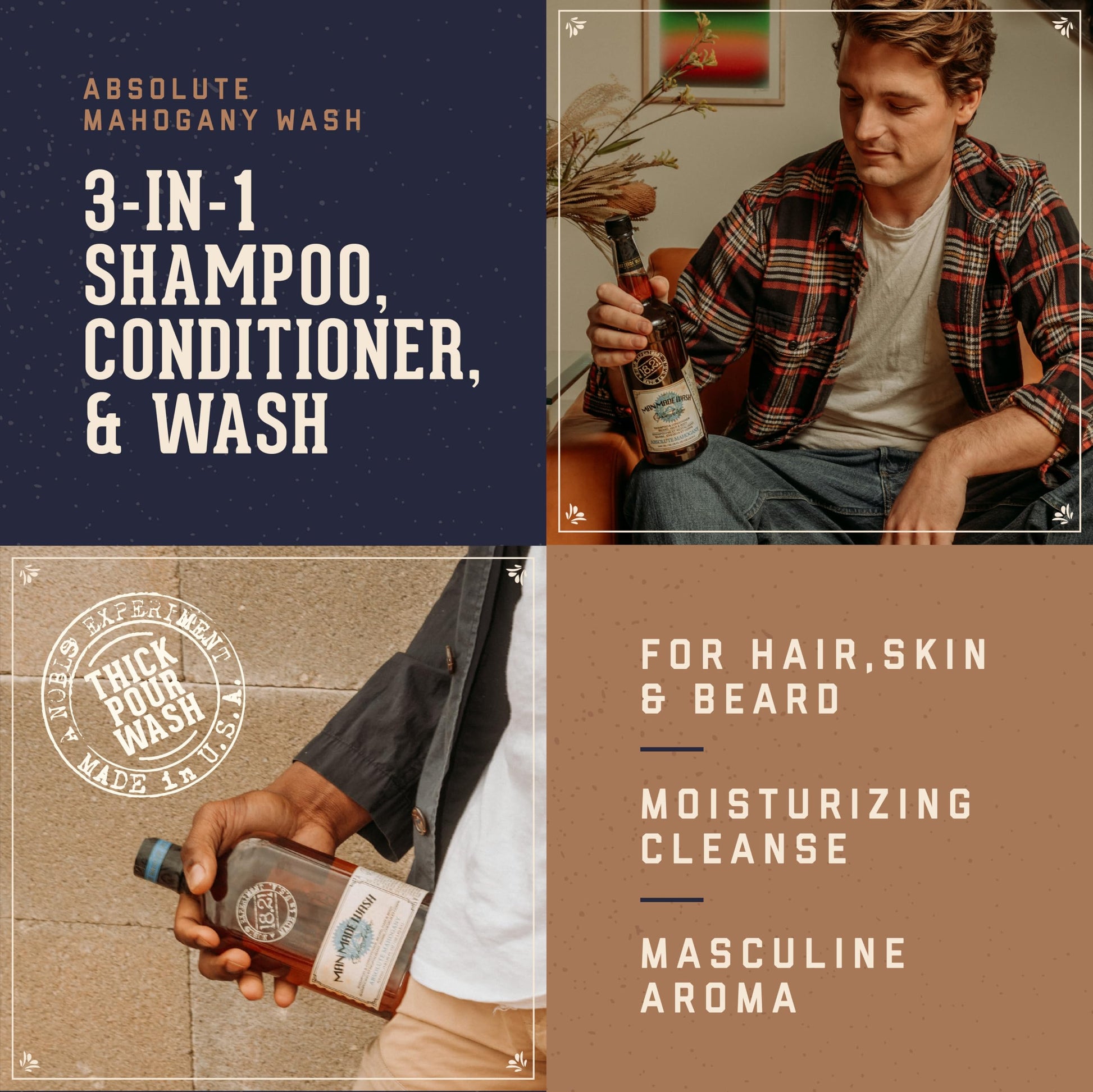 Sienna 18.21 Man Made Original Absolute Mahogany 3-in-1 Body Wash, Shampoo, & Conditioner for Men, All Hair & Skin Types, Strengthens and Moisturizes in a Manly Aroma, 3.4oz