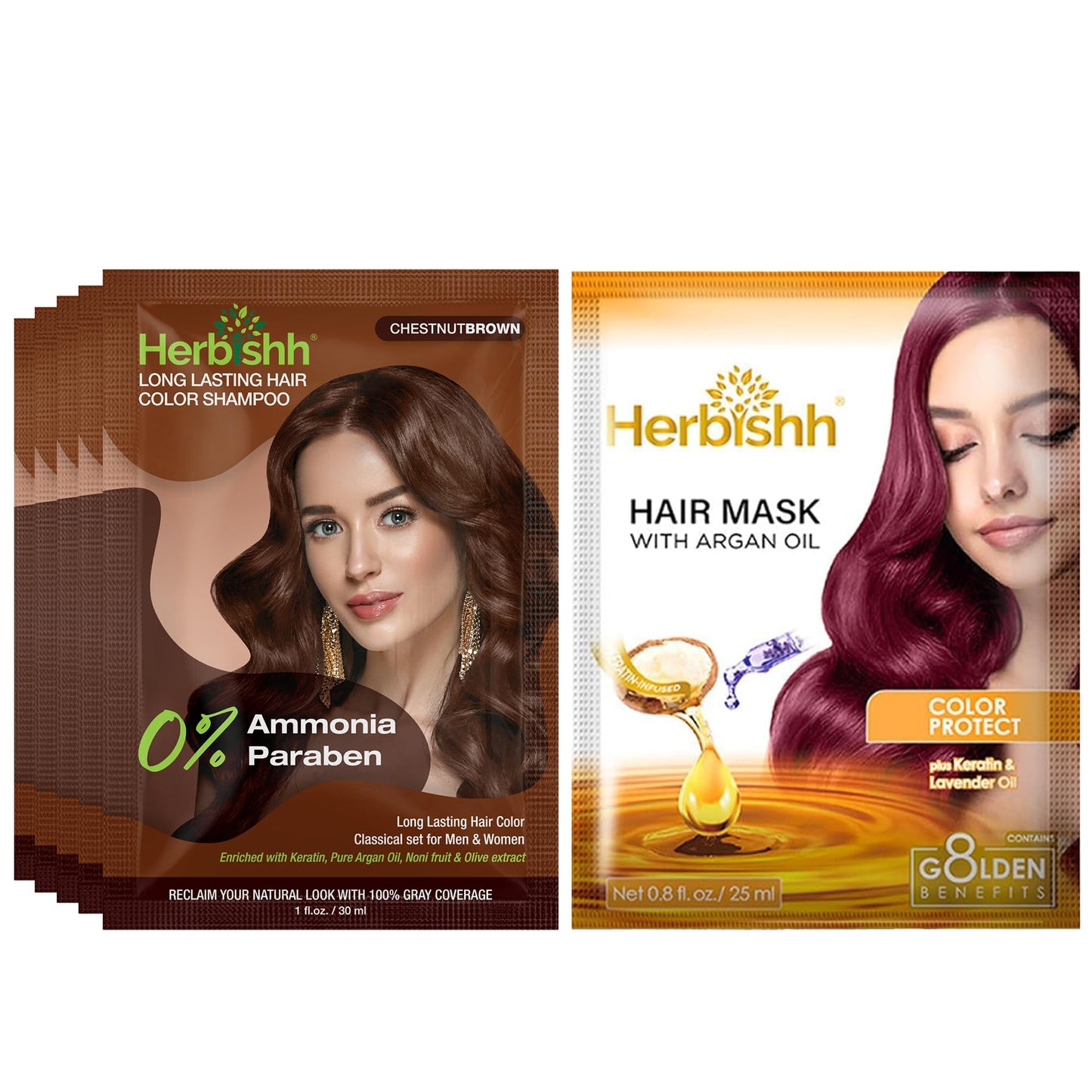 White Smoke Herbishh Chestnut Brown Shampoo for Gray Hair, Hair Dye Shampoo 3 in 1, 100% Grey Coverage, Instant Permanent Shampoo for Men & Women, Long-lasting & Travel-friendly, Ammonia-free, 30 ml (Pack of 5)