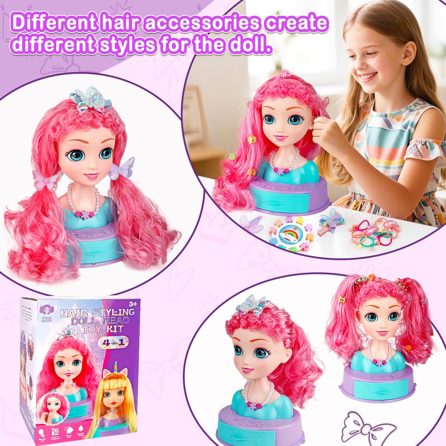 White Smoke Kryonixty 4-in-1 Doll Head for Hair Styling Kids-9Inch,41pcs Hair Salon Toys Makeup Kit Princess Accessories Pretend Play Toys Birthday Gifts for 3-8 Year Old Girls