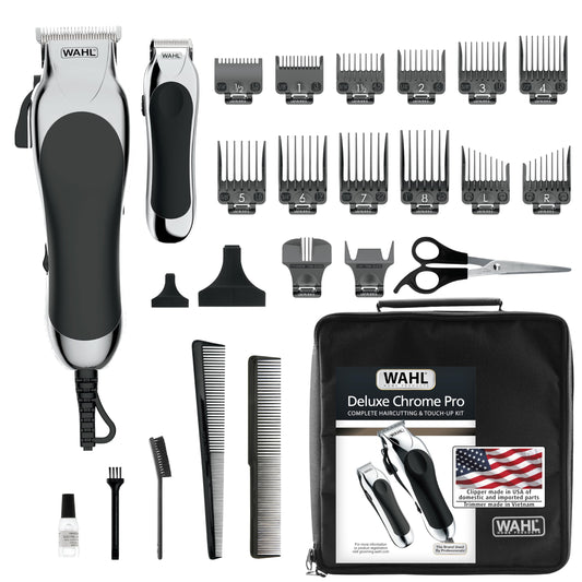 White Smoke Wahl Clipper USA Deluxe Corded Chrome Pro, Complete Hair and Trimming Kit, Includes Corded Clipper, Cordless Battery Trimmer, and Styling Shears, for a Cut Every Time - Model 3029682