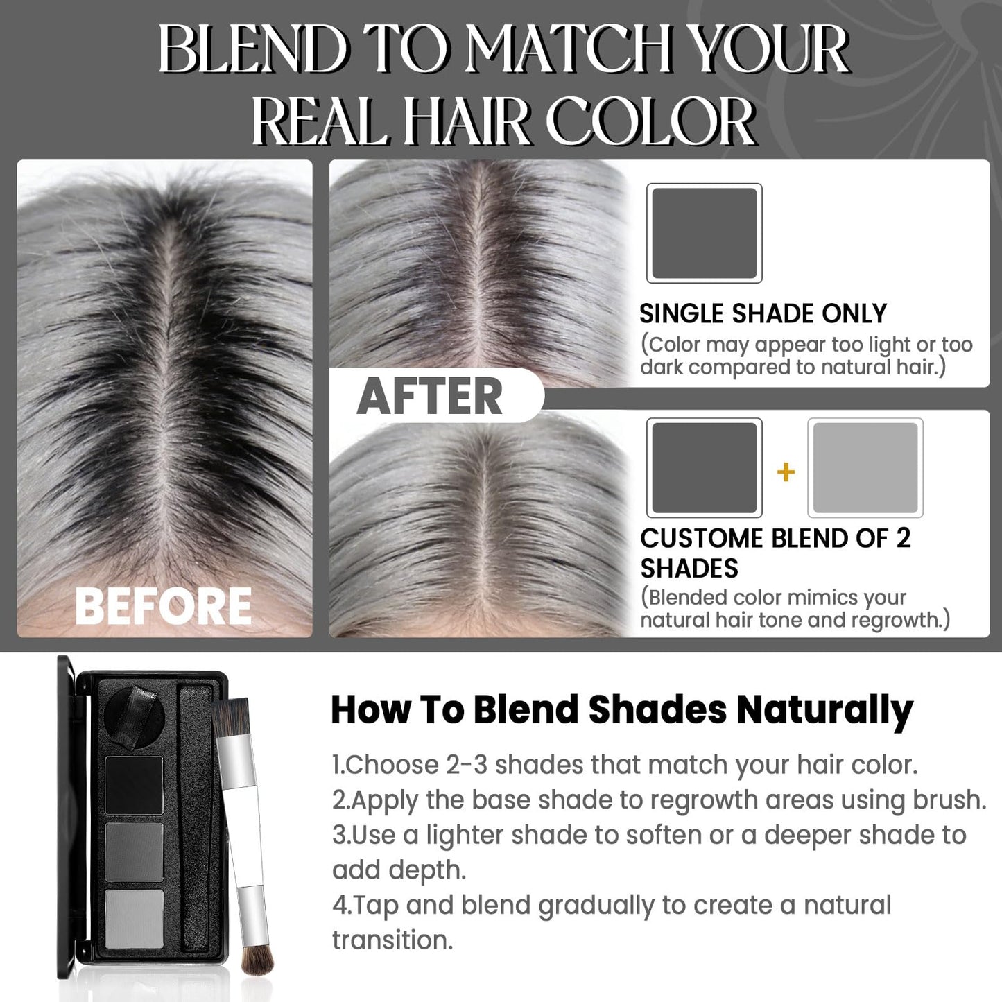 White Smoke Comdian Hairline Powder for Women and Men, 3 Color Root Touch Up Hair Color Powder for Gray Coverage, Thinning Hair and Bald Spot, Black