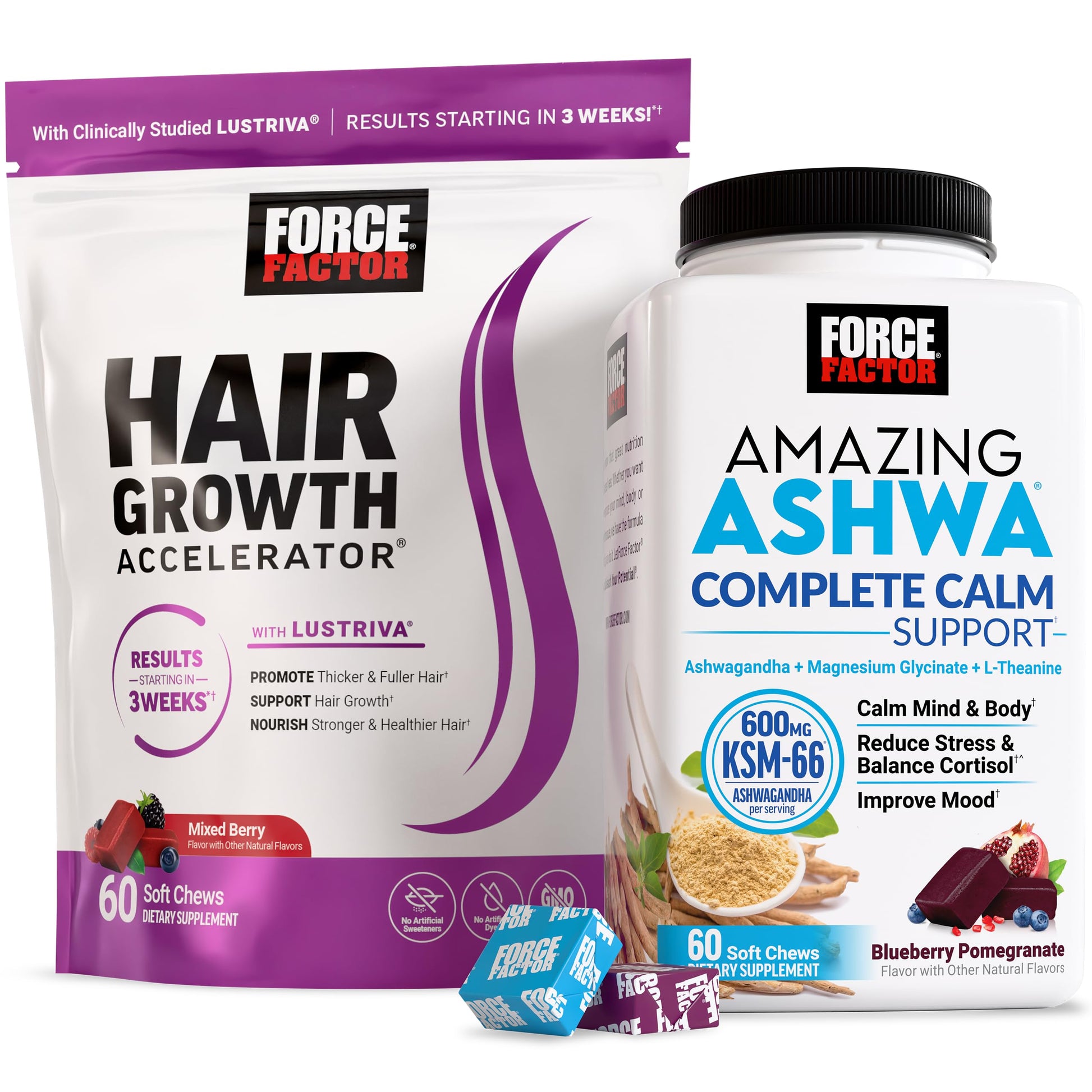 White Smoke Force Factor Hair Growth Accelerator Soft Chews, Lustriva & Biotin to Promote Thicker, Stronger, Fuller Hair, Hair Growth Vitamins for Women + Amazing Ashwa Complete Calm with KSM-66 Ashwagandha