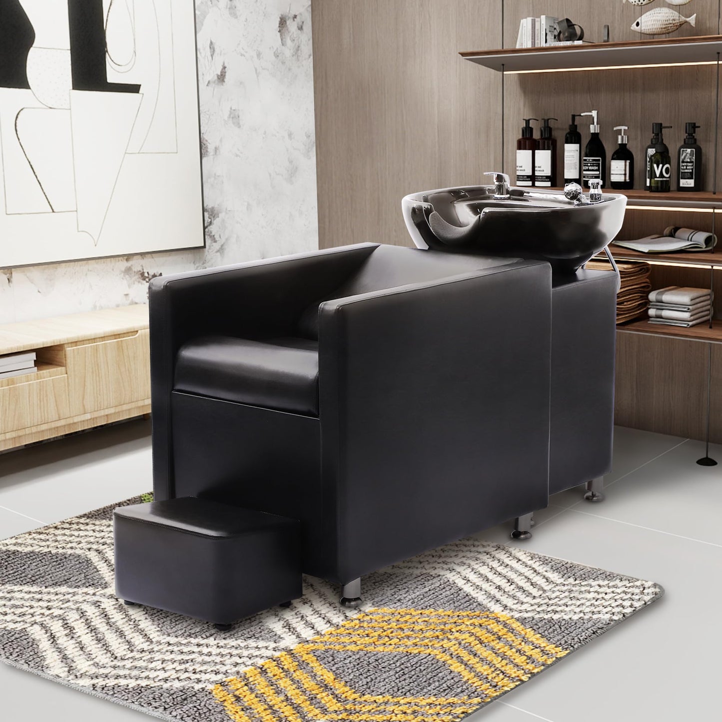 Dark Slate Gray KIGOTY Shampoo Backwash Unit, Shampoo Bowl and Chair Set with Ceramic Sink, Reclining Shampoo Station with Footrest, Backwash Barber Chair for Salon Spa, Black