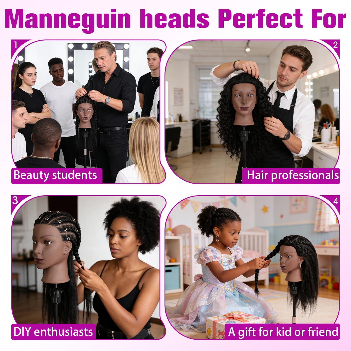 Lavender Blush 100% Real Hair Mannequin Head,22''Human Hair Mannequin Cosmetology Manikin Doll Head Hair Styling Hairdressing Practice Training Head with Clamp Holder and Tools（Black）