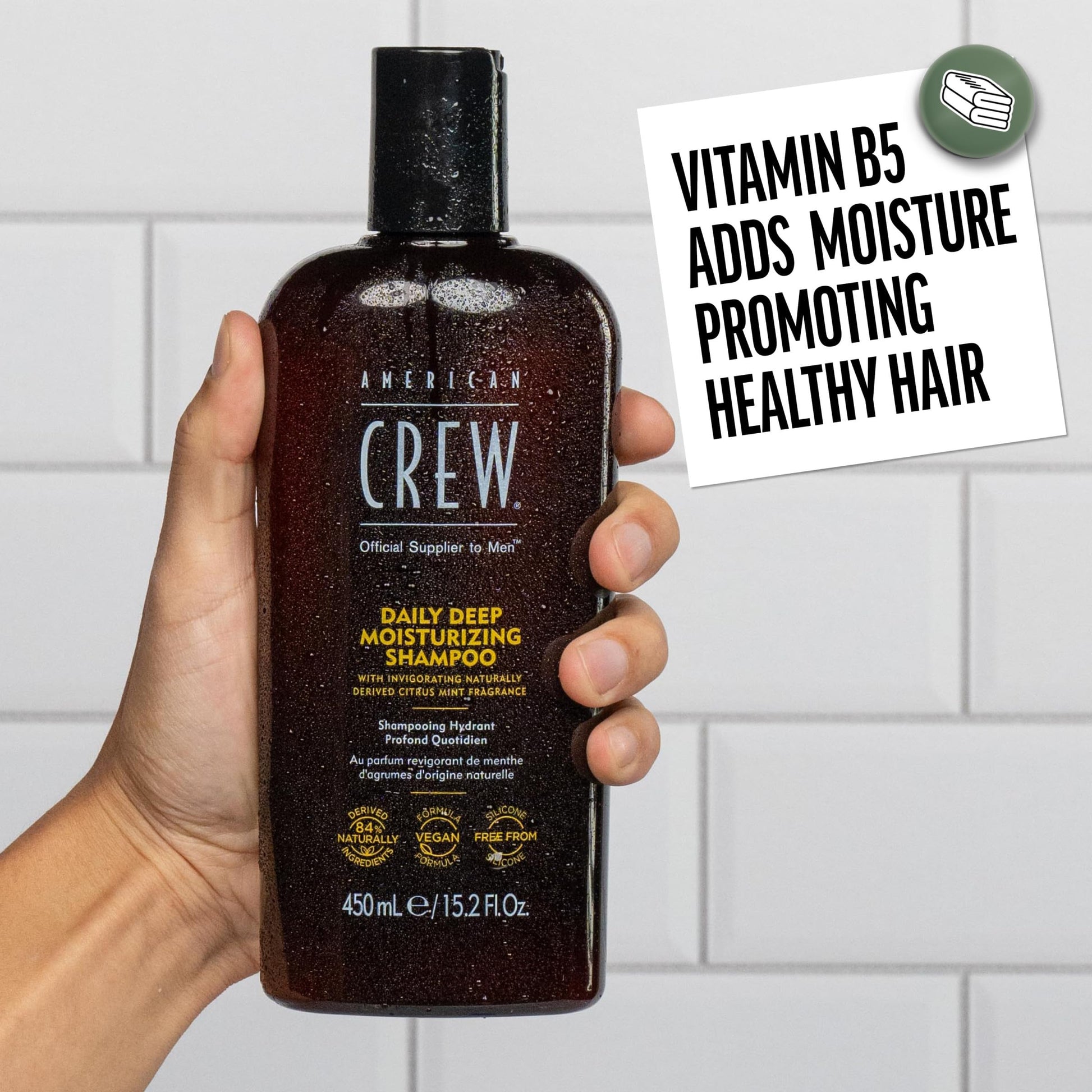 Light Gray American Crew Shampoo for Men, Daily Deep Moisturizer, Naturally Derived, Vegan Formula, Citrus Mint Fragrance, 33.8 Fl Oz