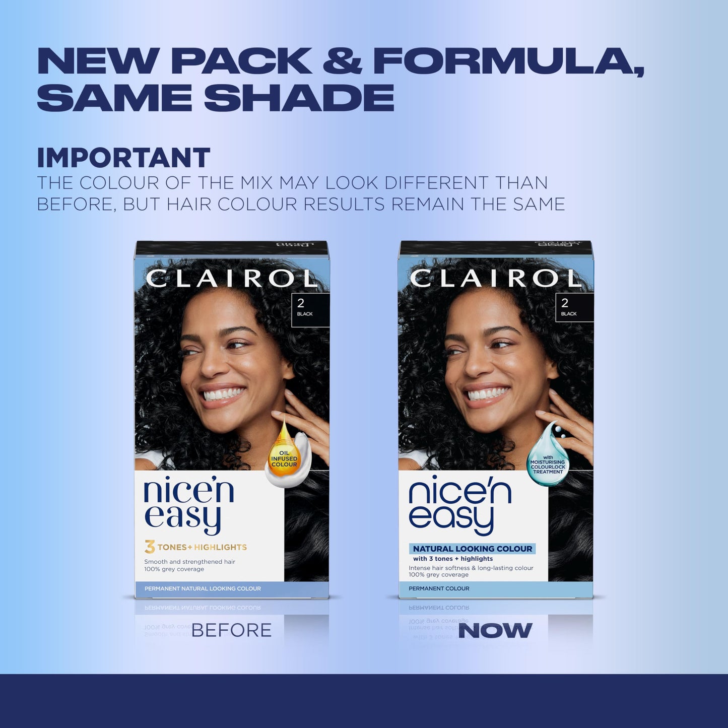 Powder Blue Clairol Nice'n Easy Permanent Hair Dye, 2 Black Hair Color, Pack of 3 - Packaging May Vary
