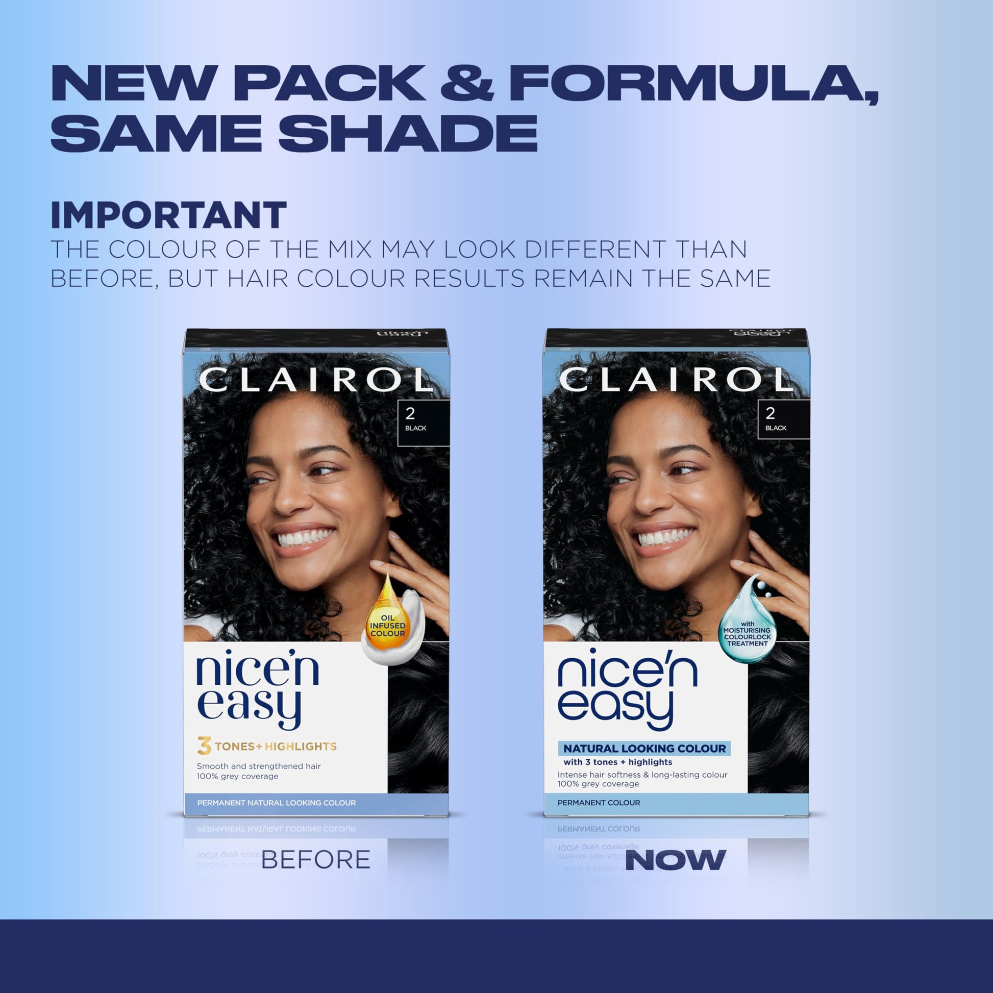 Powder Blue Clairol Nice'n Easy Permanent Hair Dye, 2 Black Hair Color, Pack of 3 - Packaging May Vary