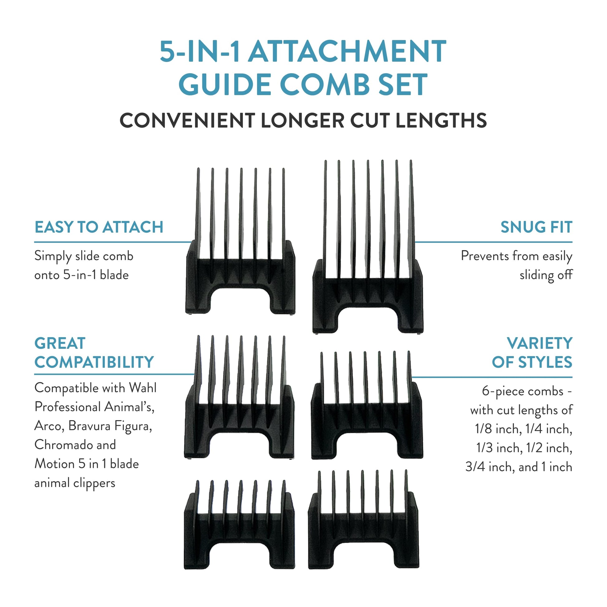 White Smoke WAHL Professional Animal 5-in-1 Clipper Attachment Guide Comb Grooming Set for Wahl's Arco, 5- Style Groom, Bravura, Figura, Chromado, Creativa, and Motion Pet, Dog, Cat, and Horse Clippers