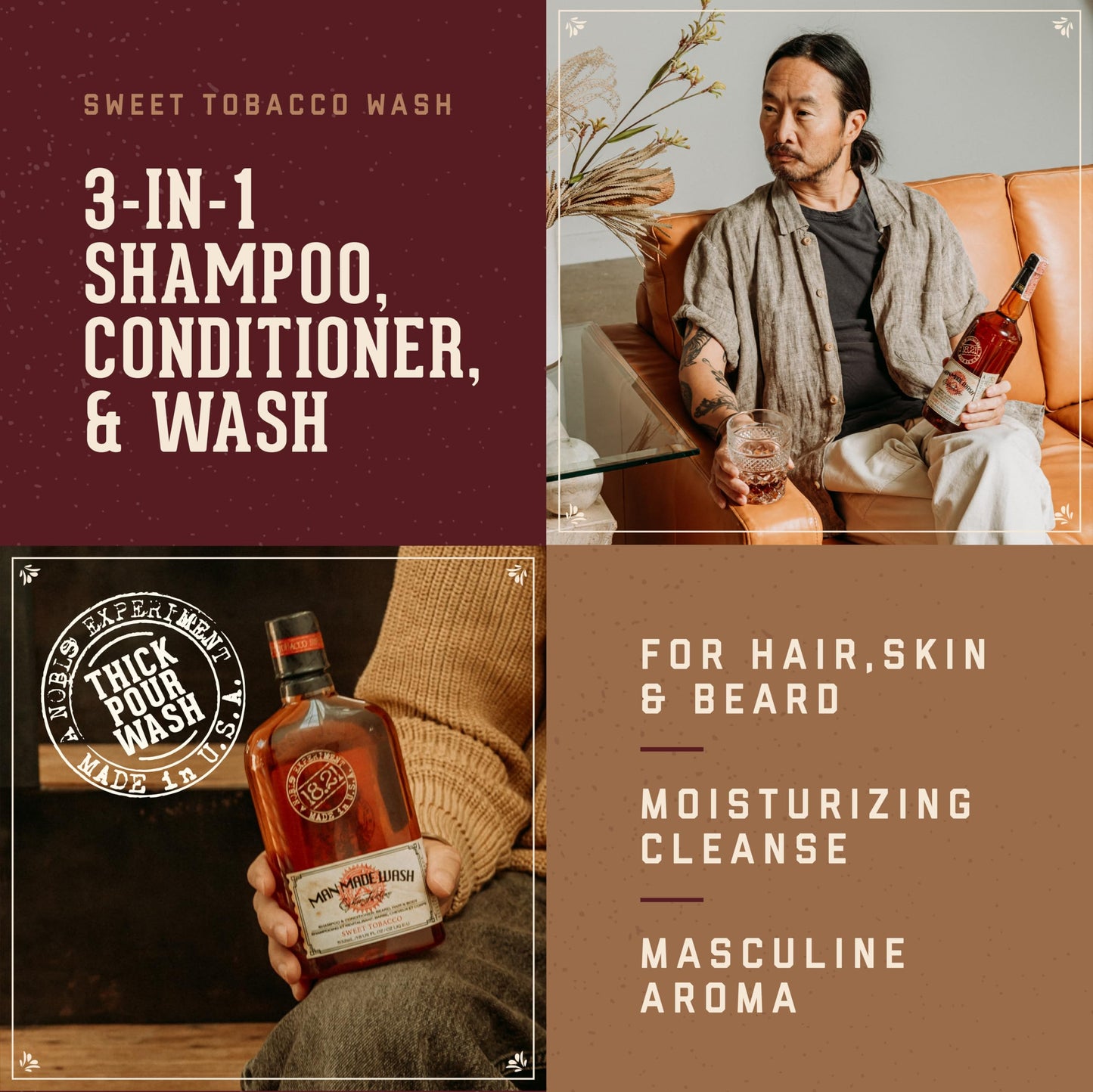 Sienna 18.21 Man Made Original Sweet Tobacco 3-in-1 Body Wash, Shampoo, & Conditioner for Men, All Hair & Skin Types, Strengthens and Moisturizes in a Manly Aroma, 3.4oz