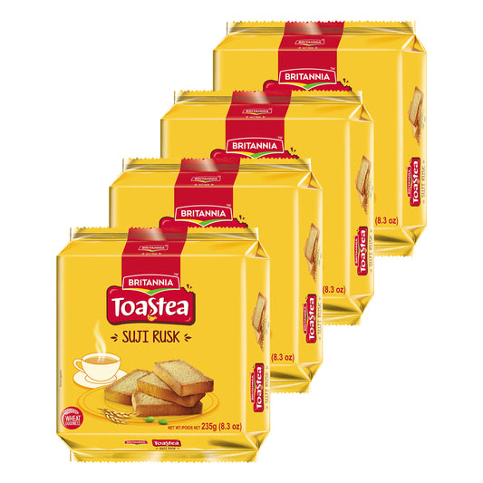 White Smoke Britannia Toastea Suji Rusk 8.28oz (235g) - Biscotte De Semoule - Crispy Tea Time Snack - Crispy Crunchy Toast (Pack of 4)