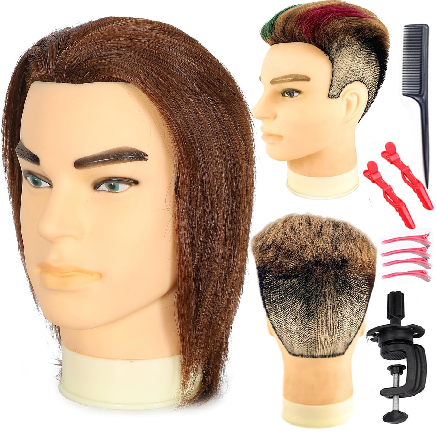 White Smoke simnient Male mannequin Head 12" Barber Training Head with 100% Real Human Hair,Hairdresser training Doll manikin Head for Practicing Haircut Hair Styling With Clamp Stand