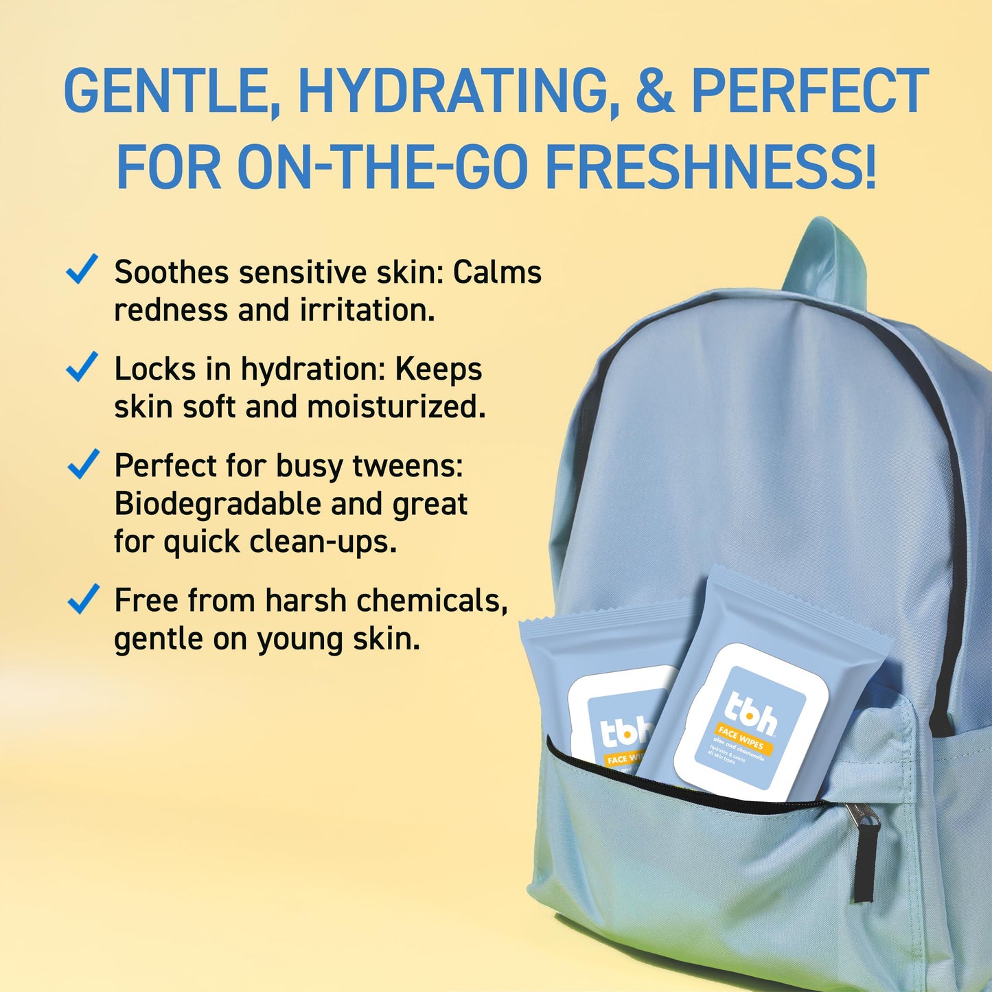Pale Goldenrod TBH Kids Gentle Face Wipes – Daily Cleansing & Hydrating Wipes for Preteens & Teens – Soothing Chamomile & Calendula – Sulfate & Paraben-Free – 30 Count