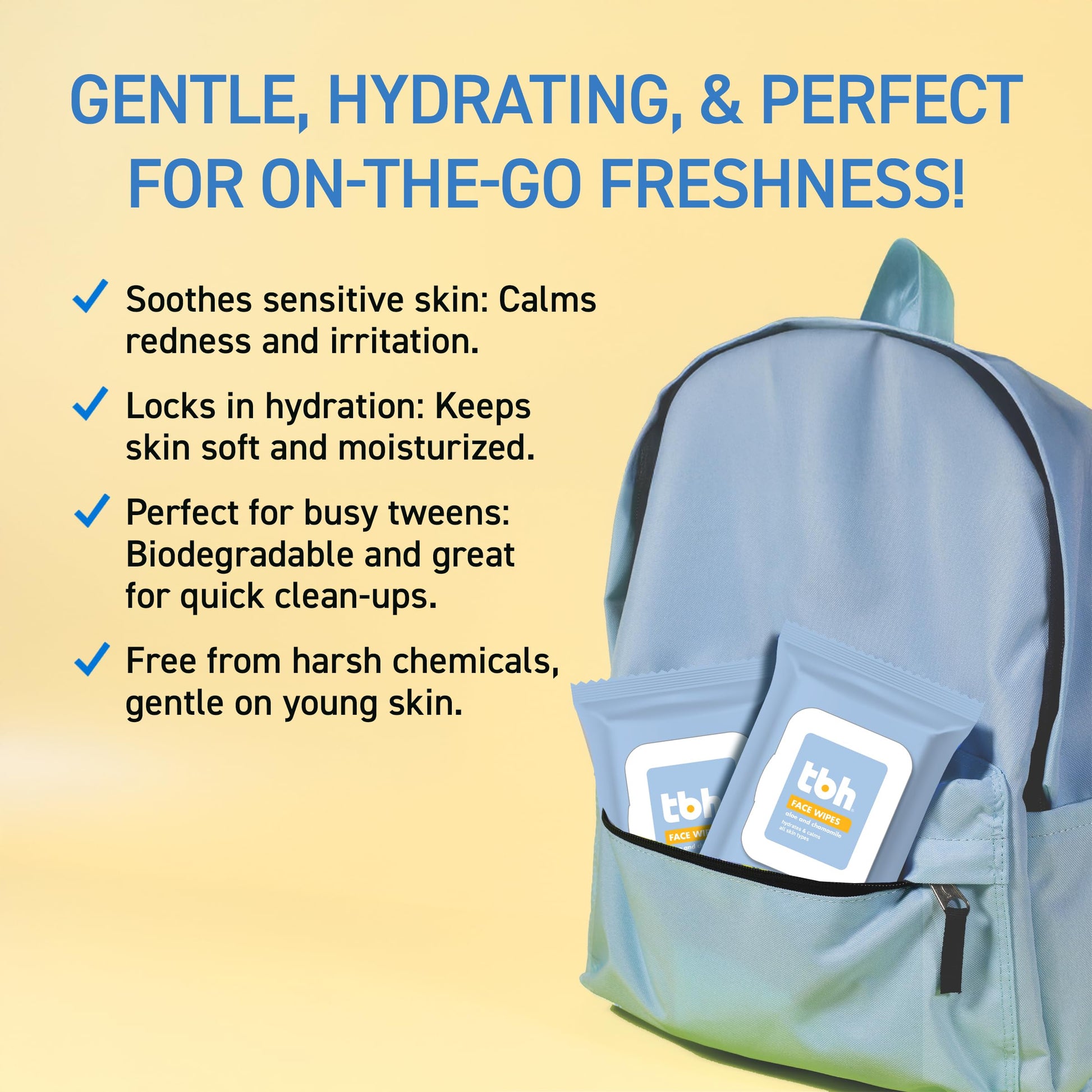 Pale Goldenrod TBH Kids Gentle Face Wipes – Daily Cleansing & Hydrating Wipes for Preteens & Teens – Soothing Chamomile & Calendula – Sulfate & Paraben-Free – 30 Count