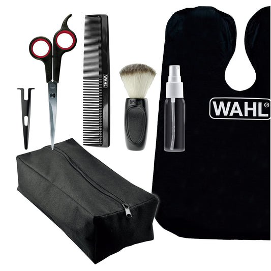 White Smoke Wahl Home Haircutting Kit Essentials Featuring Barbers Haircutting Cape, Styling Comb, Scissors with Blade Guard, Neck Duster, Spray Bottle, & Soft Pouch Case – Model 03599