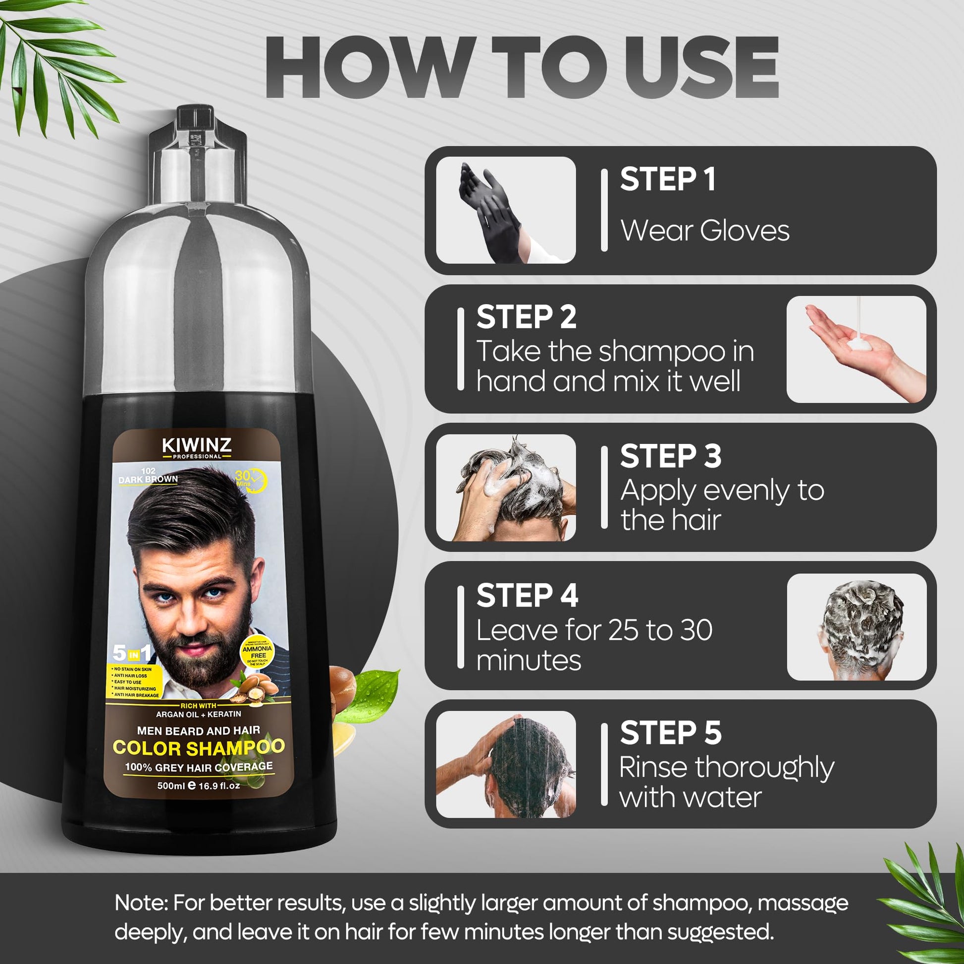Dark Slate Gray Kiwinz Professional Dark Brown Hair Color Shampoo for Men – 5 in 1 Hair Dye Shampoo for Grey Hair - Instant Hair Dye with 100% Color Accuracy with Natural Ingredients - Ammonia Free - 500ml