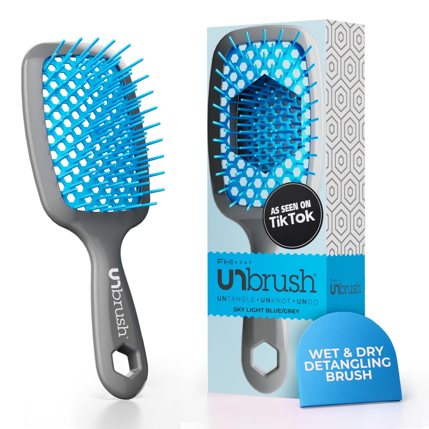 White Smoke FHI Heat UNbrush Detangling Brush for Pain-Free Brushing on All Wet or Dry Hair Types — Durable DuoFlex Anti-Static Bristles, Lightweight Handle, Vented Hair Brush, Light Blue/Grey