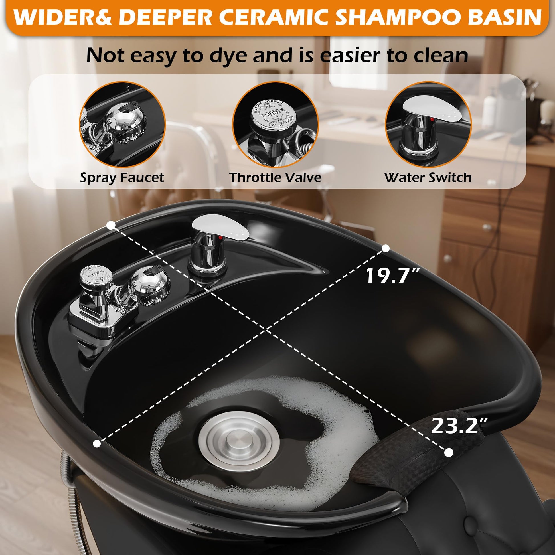 Black Tythical Shampoo Bowl Chair for Salon, Backwash Station Shampoo Sink with Tilting Ceramic Bowl Professional Salon Shampoo Chair for Spa Barbershop Beauty Equipment