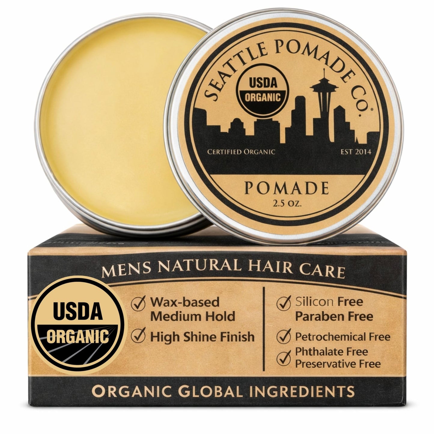 White Smoke Seattle Pomade Co. USDA Certified Organic Pomade. Medium Hold & High Shine, Hair Styling Formula Non GMO, Made with organic materials from around the world.