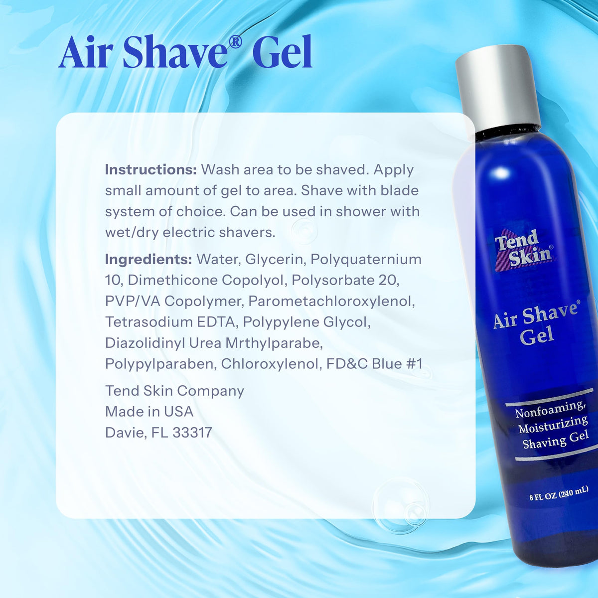 Alice Blue Tend Skin Air Shave Gel Advanced Hydrating & Moisturizing Formula, Provides Natural Protection, Silky Smooth Skin & Seamless Hair Removal, 8 Oz