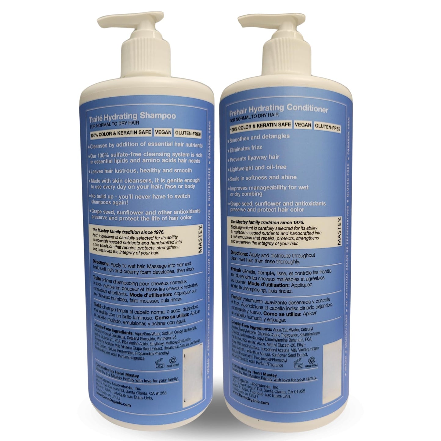 Mastey Paris Classic Professional Hair Care - Traite Shampoo 32 oz + Frehair Conditioner 32 oz Duo Set, Sulfate Free, Lipid & Amino Acid Fortified, (Pack of 2)