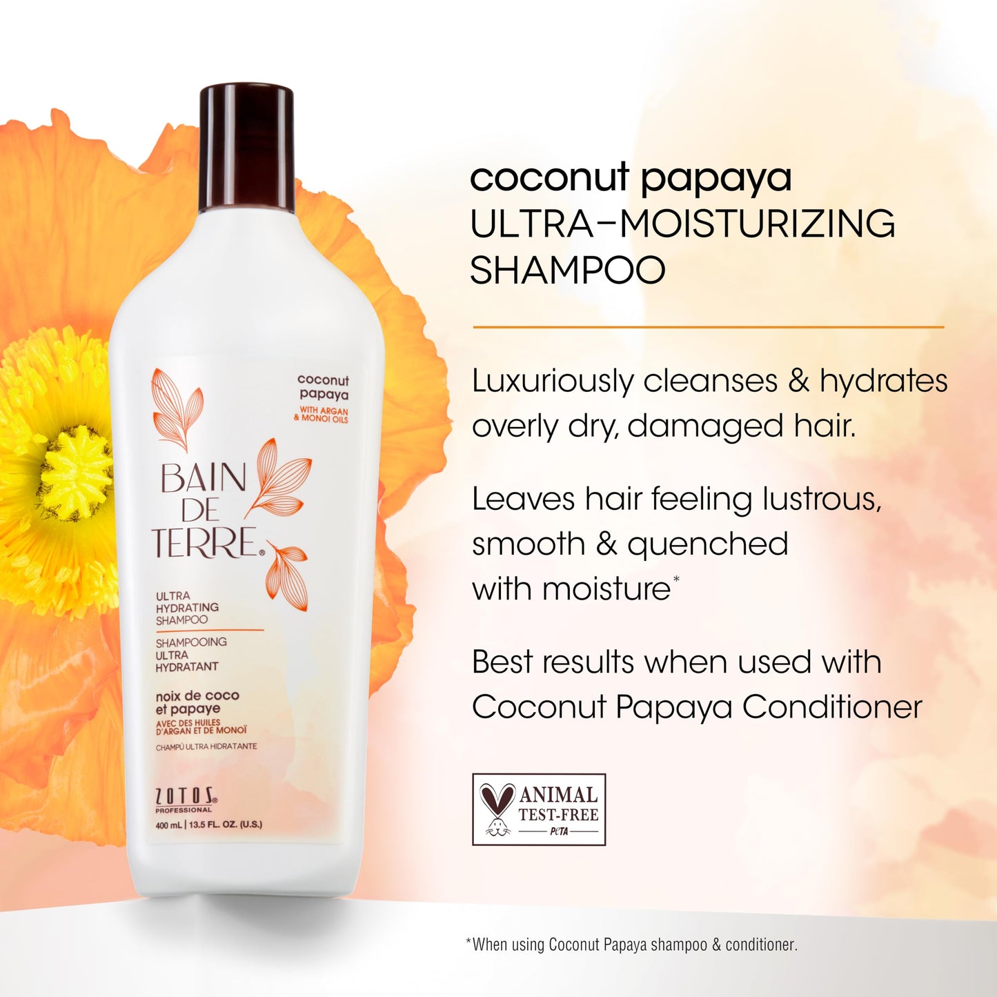 White Smoke Bain de Terre Coconut Papaya Ultra Hydrating Shampoo, Moisture Quench for Dry, Damaged Hair, with Argan & Monoi Oils, Paraben-Free, Color-Safe, Vegan, 33.8 Fl Oz