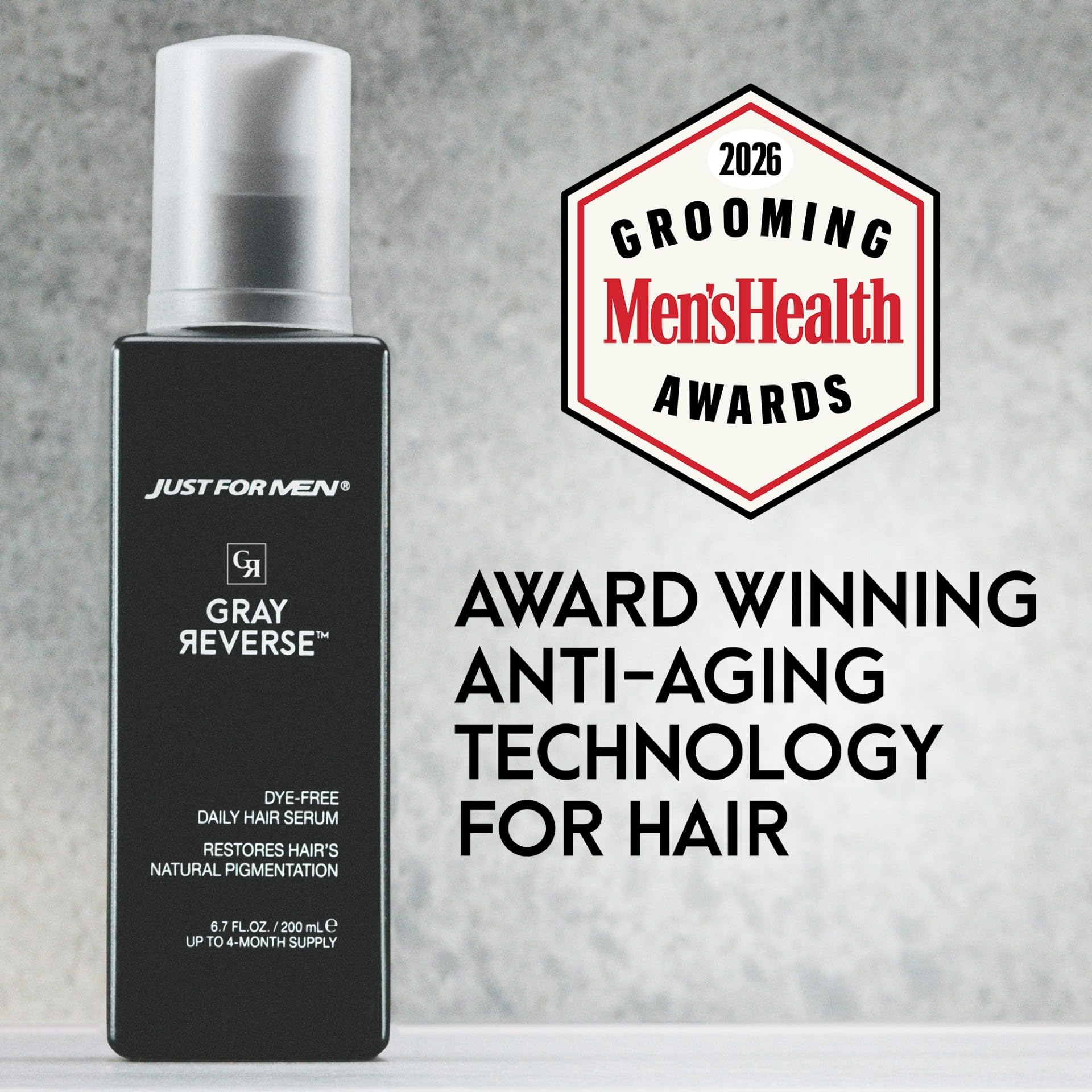 Light Gray Just for Men Gray Reverse Daily Hair Serum, Gradually Reduces Gray Hair, Easy Dye-Free Serum, 6.7oz