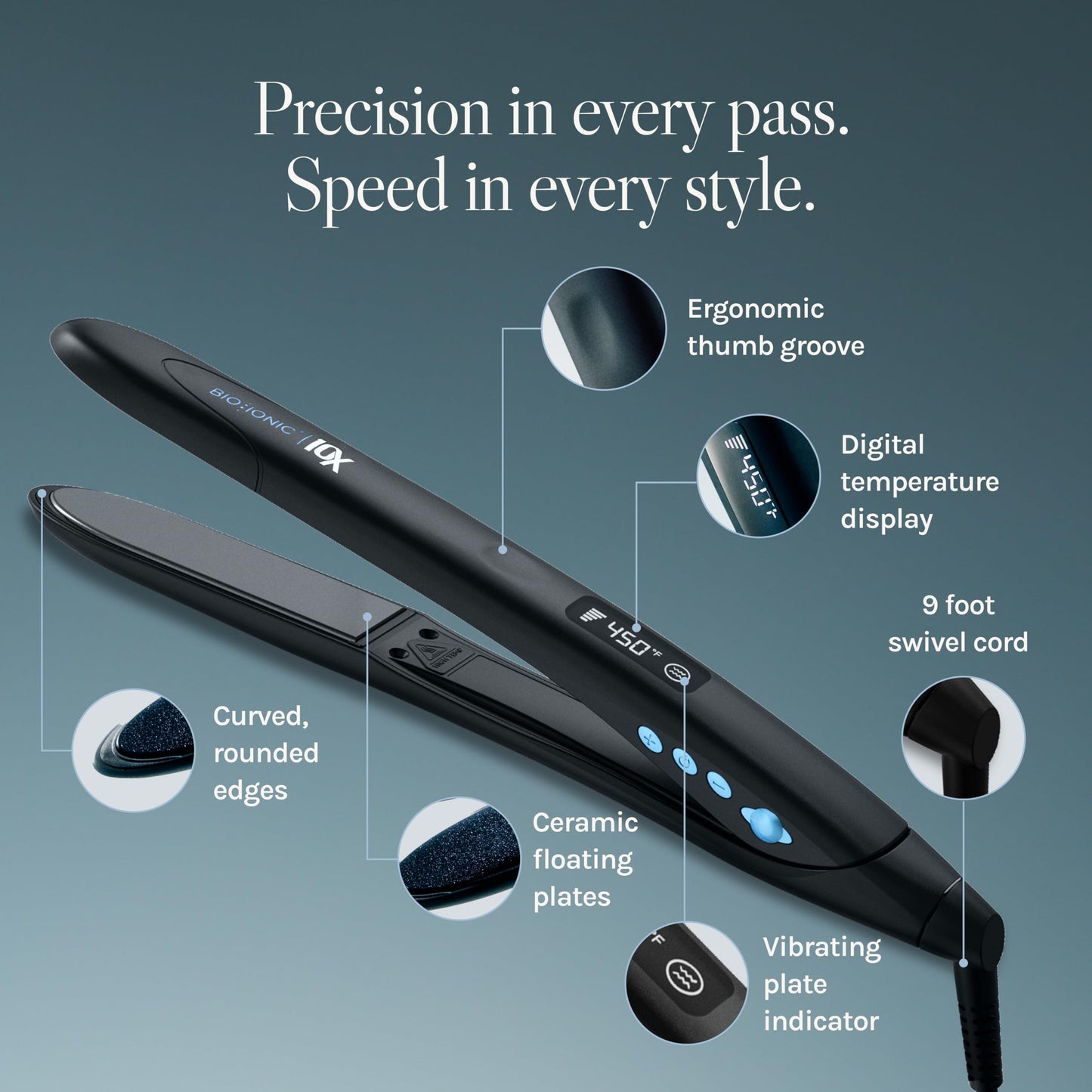 Dark Slate Gray Bio Ionic 10X Styling Iron, Hair Straightener with 1" Sonic Vibrating Plates, Flat Iron with Ion Generating Mineral Complex, Versatile Styler for Wavy & Straight Hairstyles, Black