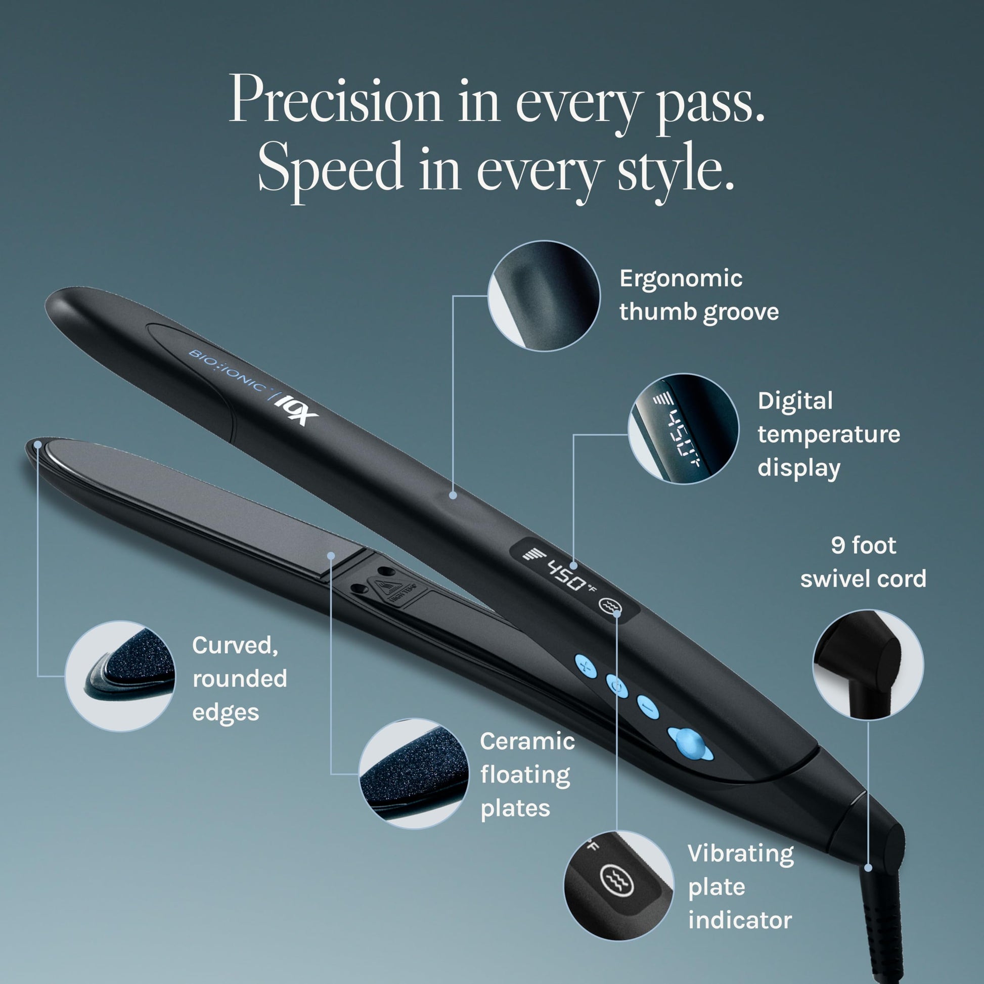 Dark Slate Gray Bio Ionic 10X Styling Iron, Hair Straightener with 1" Sonic Vibrating Plates, Flat Iron with Ion Generating Mineral Complex, Versatile Styler for Wavy & Straight Hairstyles, Black