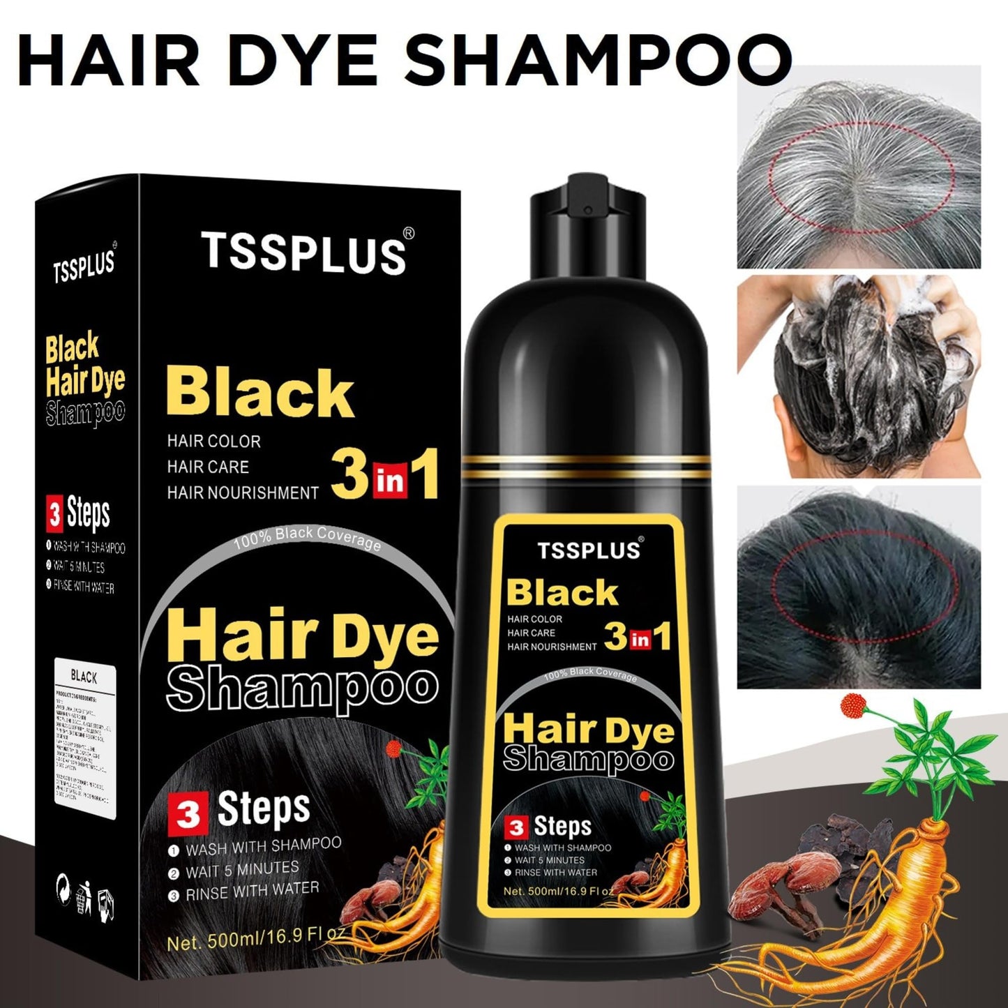 Black TSSPLUS Black Hair Dye Shampoo, 500ml - Organic Natural Hair Color Dye Shampoo for Women & Men, Instant Gray White Hair Cover, Plant Essence, Semi-Permanent