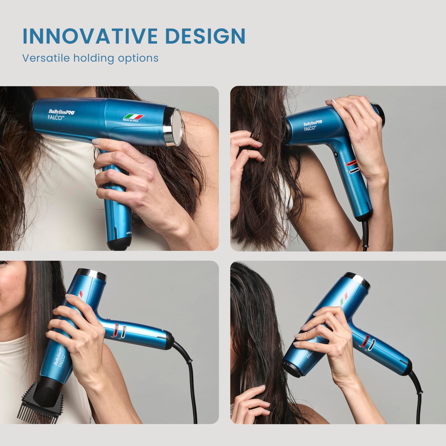 Gray BaBylissPRO Nano Titanium Professional Italian High-Speed Falco Hair Dryer with Concentrator Nozzles, 2000-Watt Ionic Blow Dryer with Diffuser