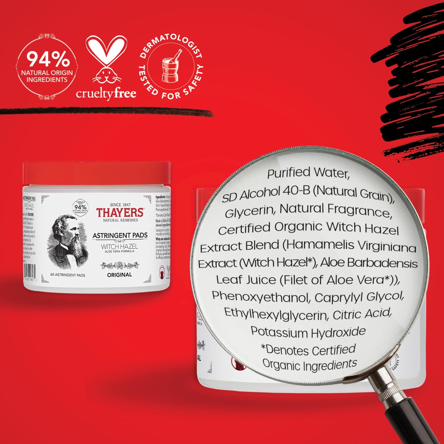 Firebrick THAYERS Original Witch Hazel Astringent Pads with Aloe Vera Formula, 60 Count