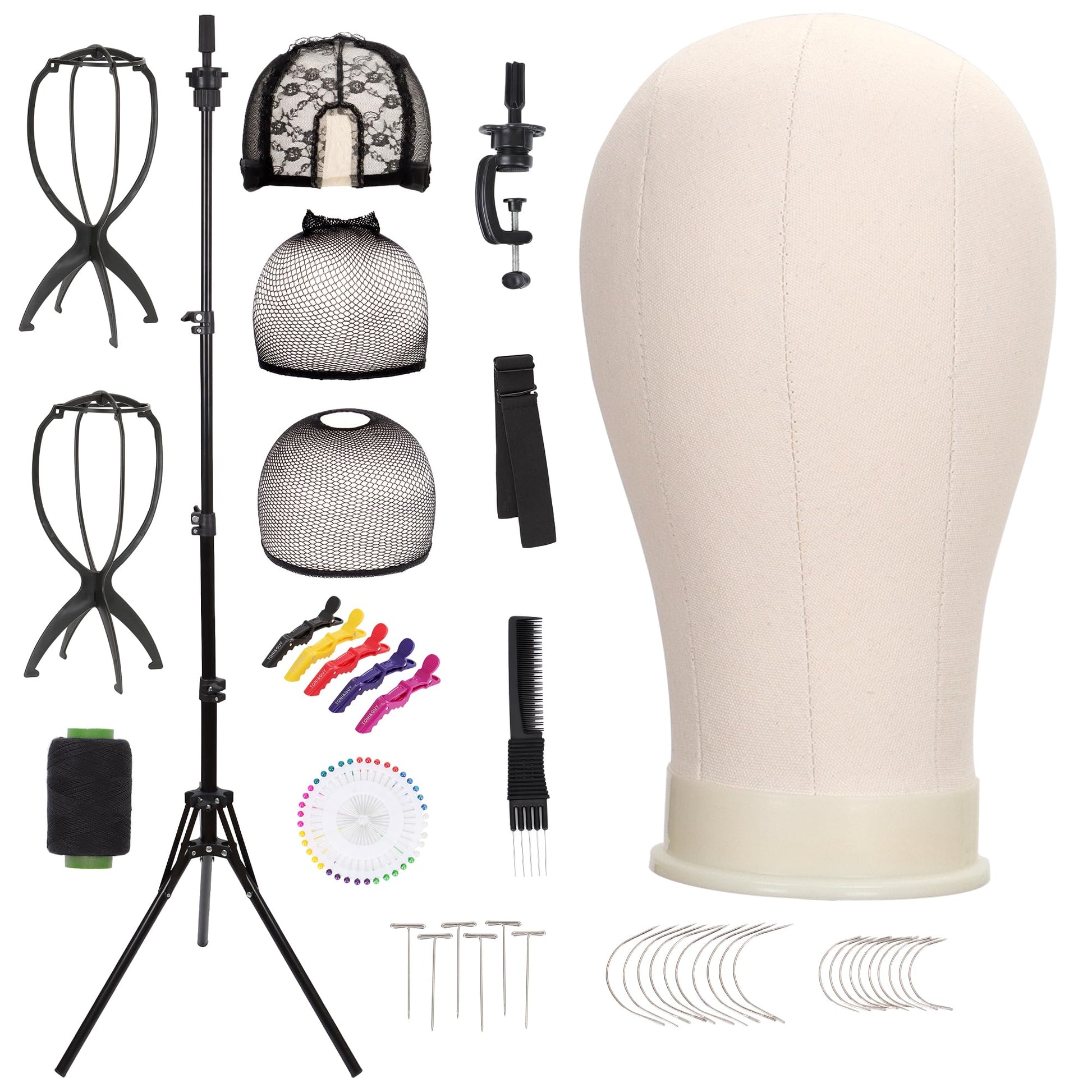 White Smoke Demides 22'' Canvas Wig Head with 61'' Adjustable Tripod Stand, Mannequin Head Set for Styling, Display – Includes Caps, Elastic Bands, Stand & Tool Kit for Beginners and Professionals