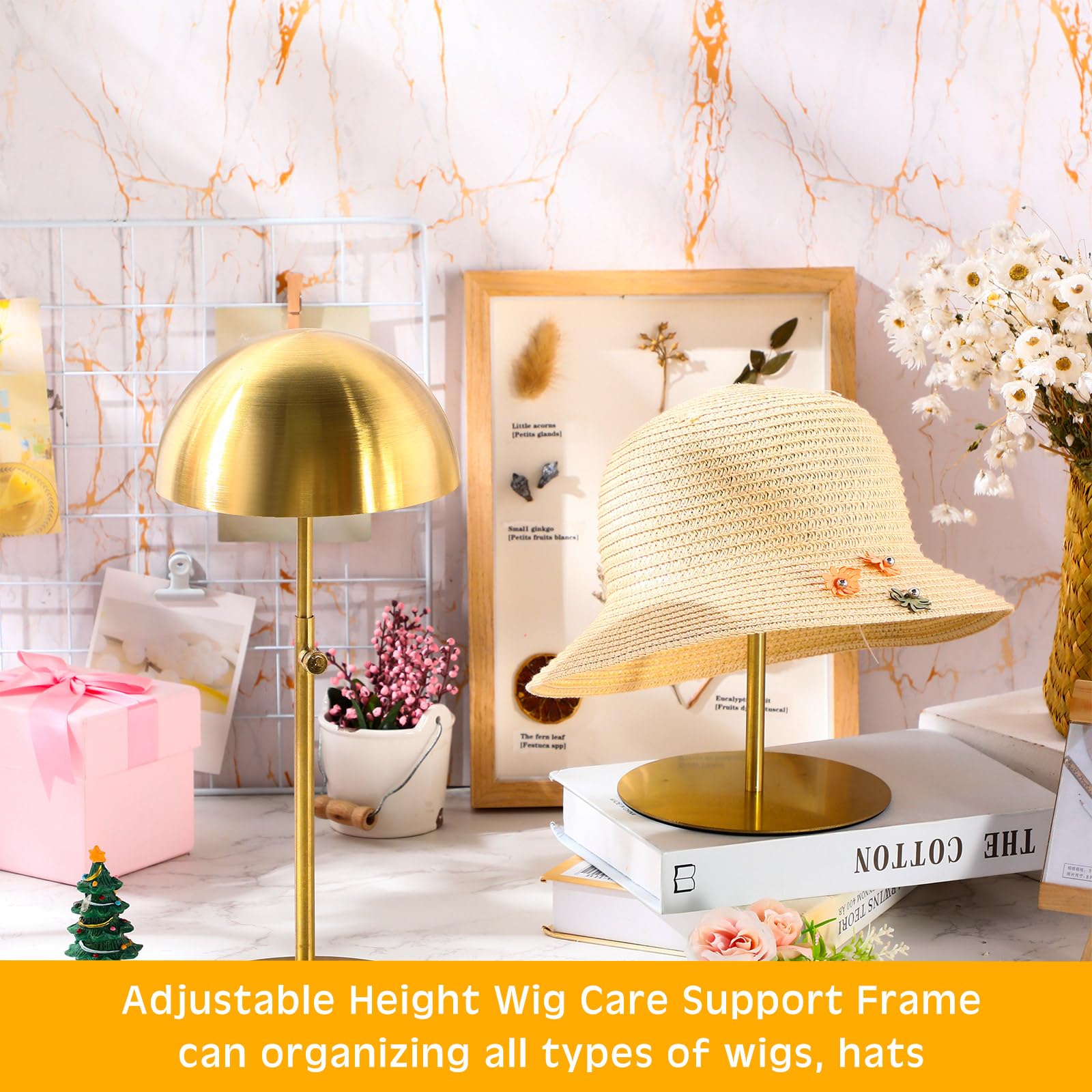 Misty Rose Sintuff 4 Pcs Hat Display Stand:adjustable 7.9-15.7inch Wigs Head Holder Stand Non Slip Stainless Steel Metal Rack for Multiple Hats Wig Storage Styling Practice(Gold,Round Base)