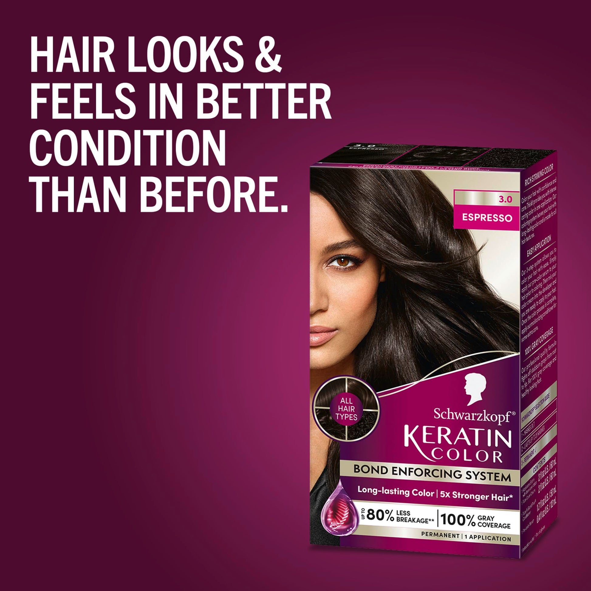 Dark Red Schwarzkopf Keratin Permanent Hair Dye Cream, 3.0 Espresso, Professional Quality Color for Up to 100% Gray Coverage, Bond Enforcing System
