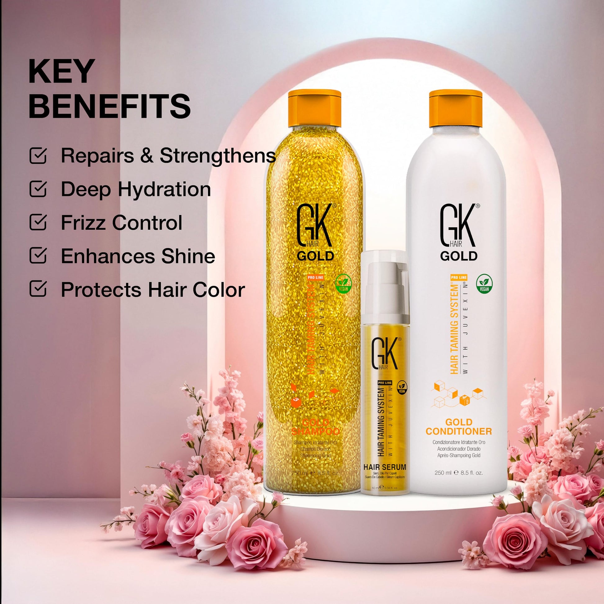 Misty Rose GK Hair Gold Shampoo and Conditioner Duo with Free Argan Oil Serum Contains Argan Oil, Shea Butter, Natural Oils for Hairs Moisturizing Shine and Protection