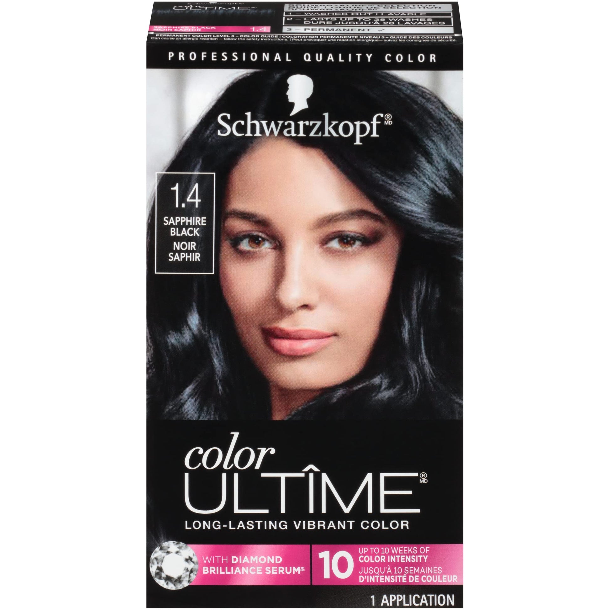 Black Schwarzkopf Color Ultime 1.4 Sapphire Black Hair Dye, Permanent Intense Black with Diamond Brilliance, Fade-Resistant, Covers Grays, All Hair Textures