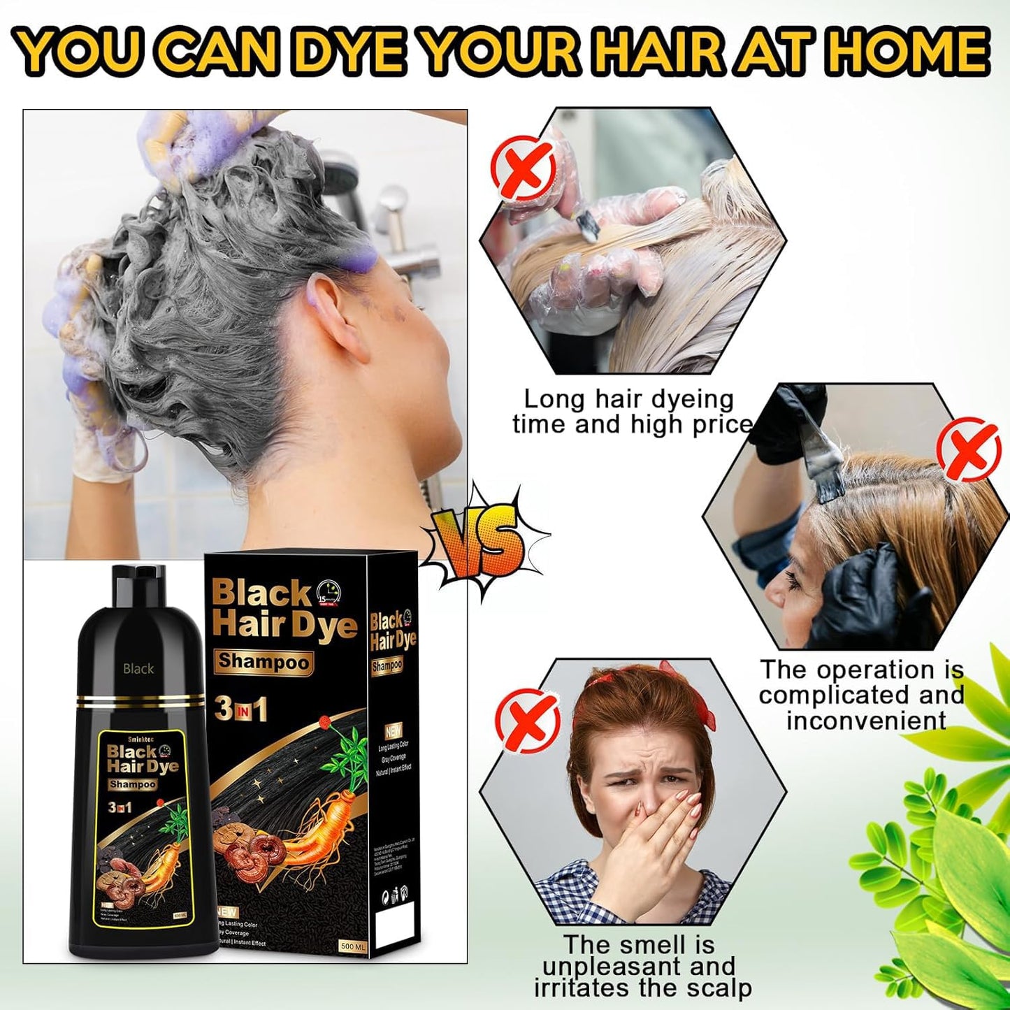 White Smoke Hair Dye Shampoo 3 in 1 for Gray Hair, Herbal Ingredients Natural Shampoo Hair Dye for Women Men (Black)