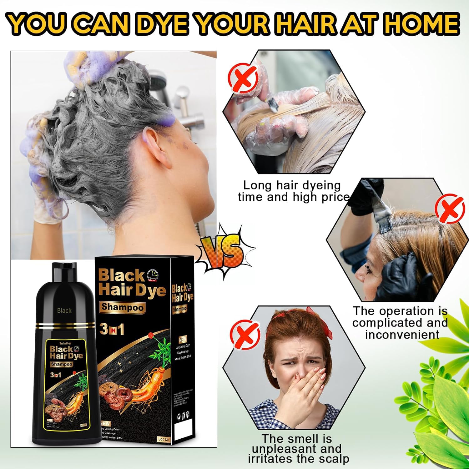White Smoke Hair Dye Shampoo 3 in 1 for Gray Hair, Herbal Ingredients Natural Shampoo Hair Dye for Women Men (Black)