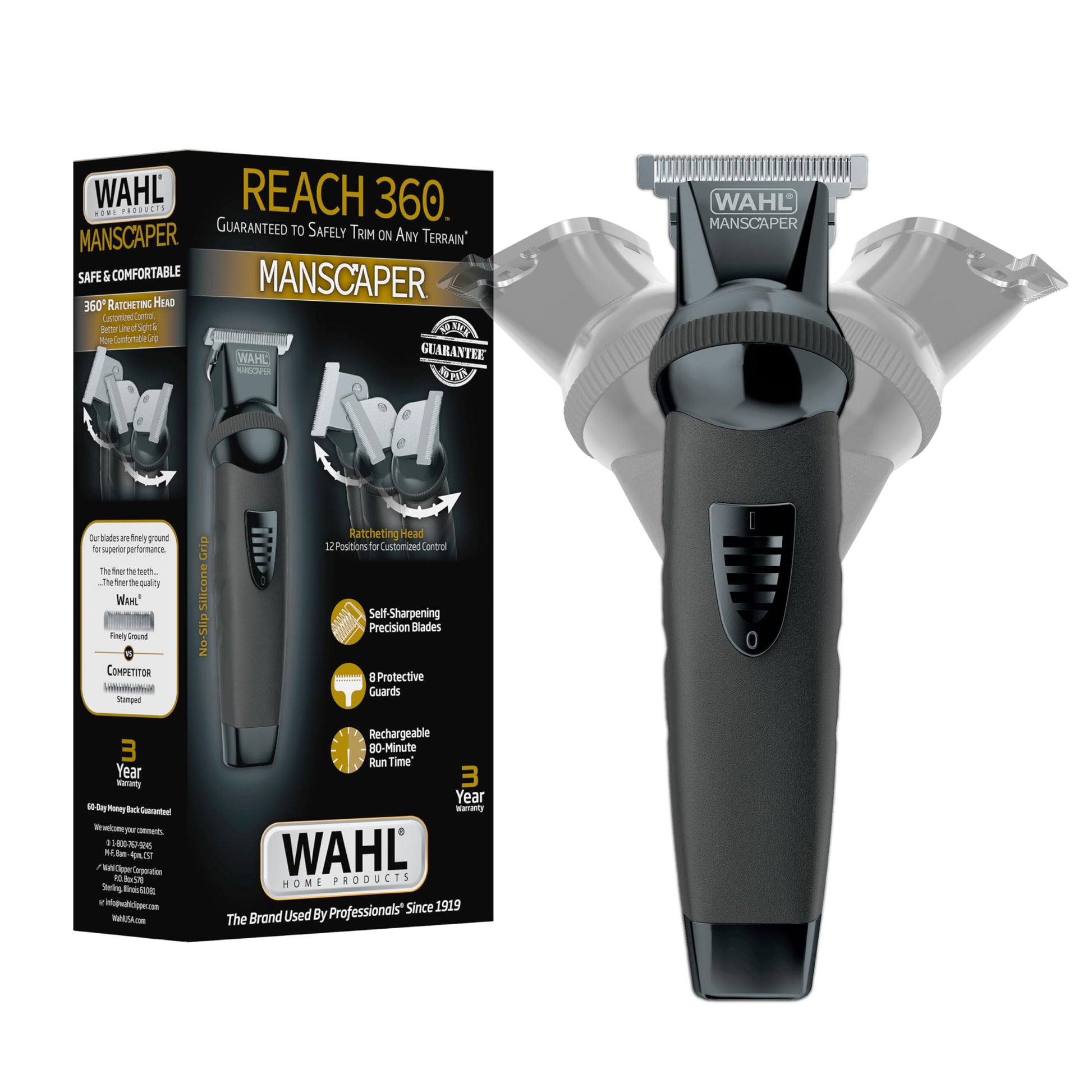 White Smoke Wahl Manscaper® Reach 360 Ratchet Head Cordless Body and Beard Trimmer for Men with No-Slip Grip for Precise Control During Face, Body, and Manscape Grooming – Model 3025951